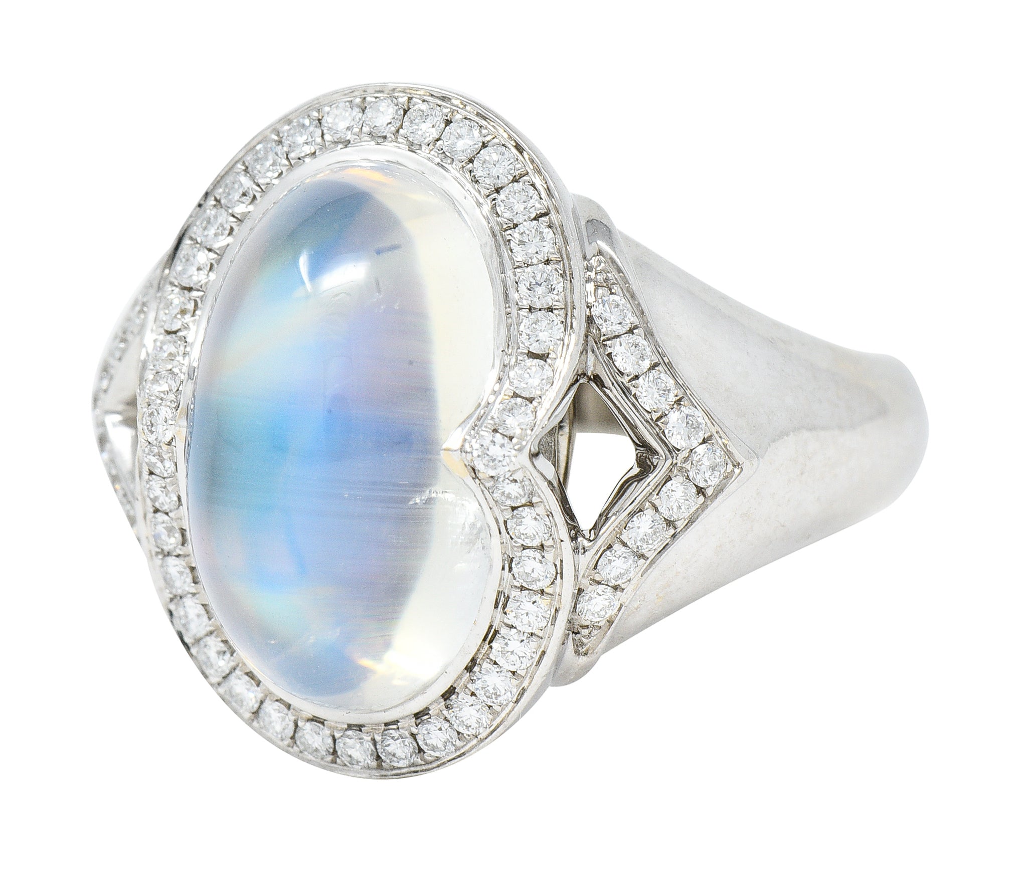 Spark Contemporary Rainbow Moonstone Cabochon Diamond 18 Karat White Gold Halo Ring Wilson's Estate Jewelry