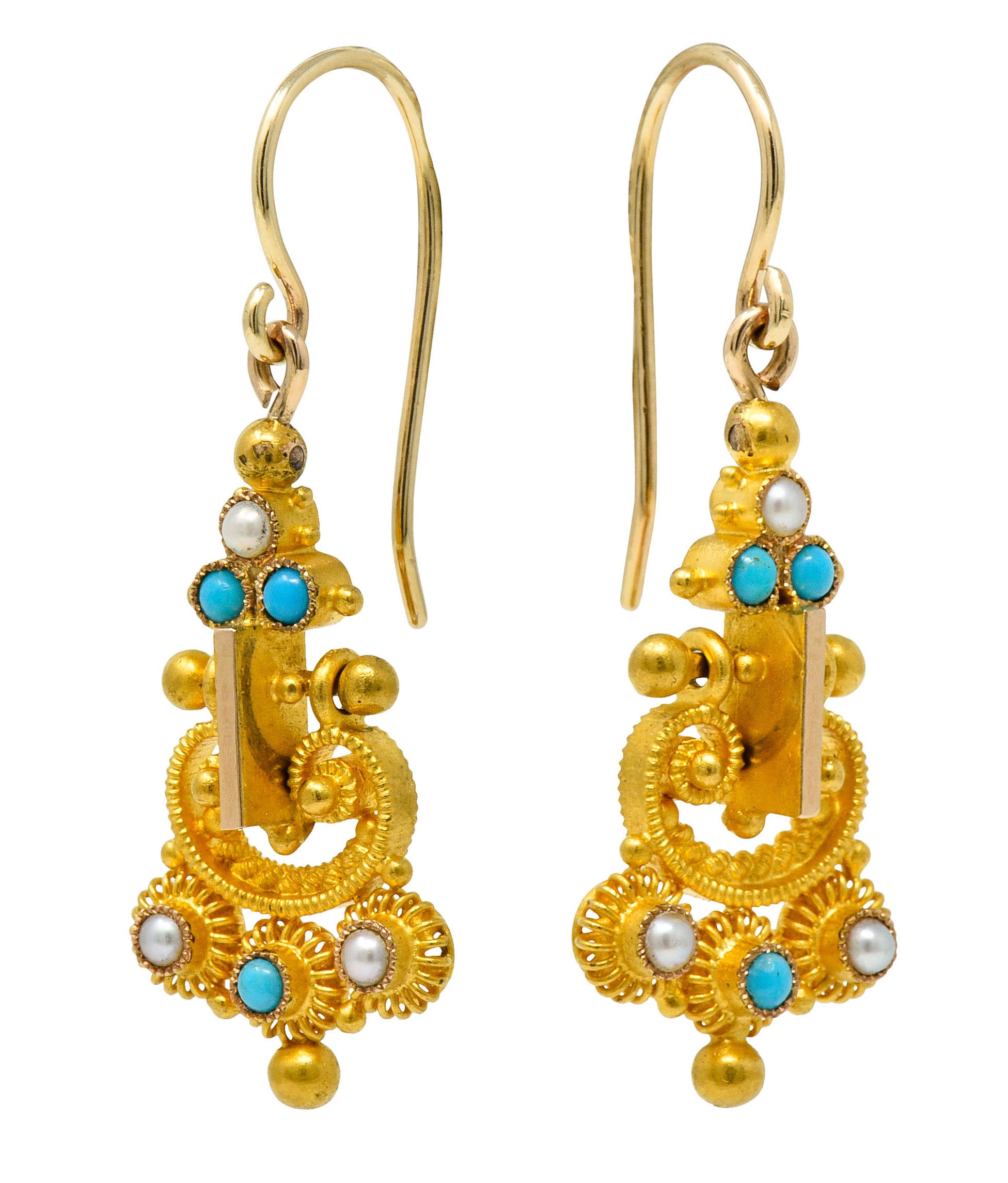 Victorian Etruscan Revival Turquoise Pearl 18 Karat Gold Drop EarringsEarrings - Wilson's Estate Jewelry