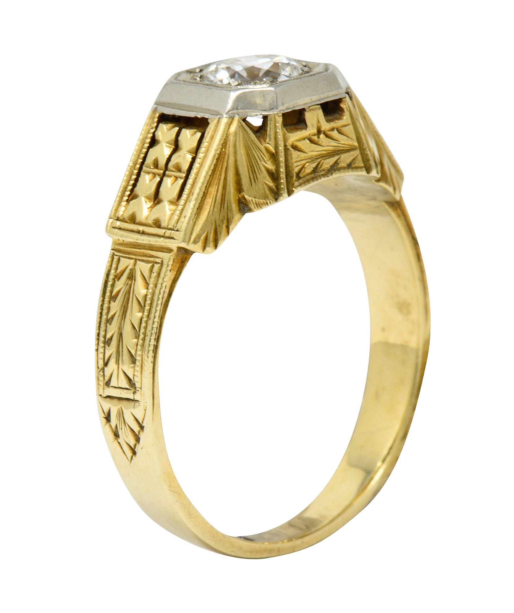 Art Deco Diamond 18 & 14 Karat Two Tone Gold Unisex Octagonal RingRing - Wilson's Estate Jewelry