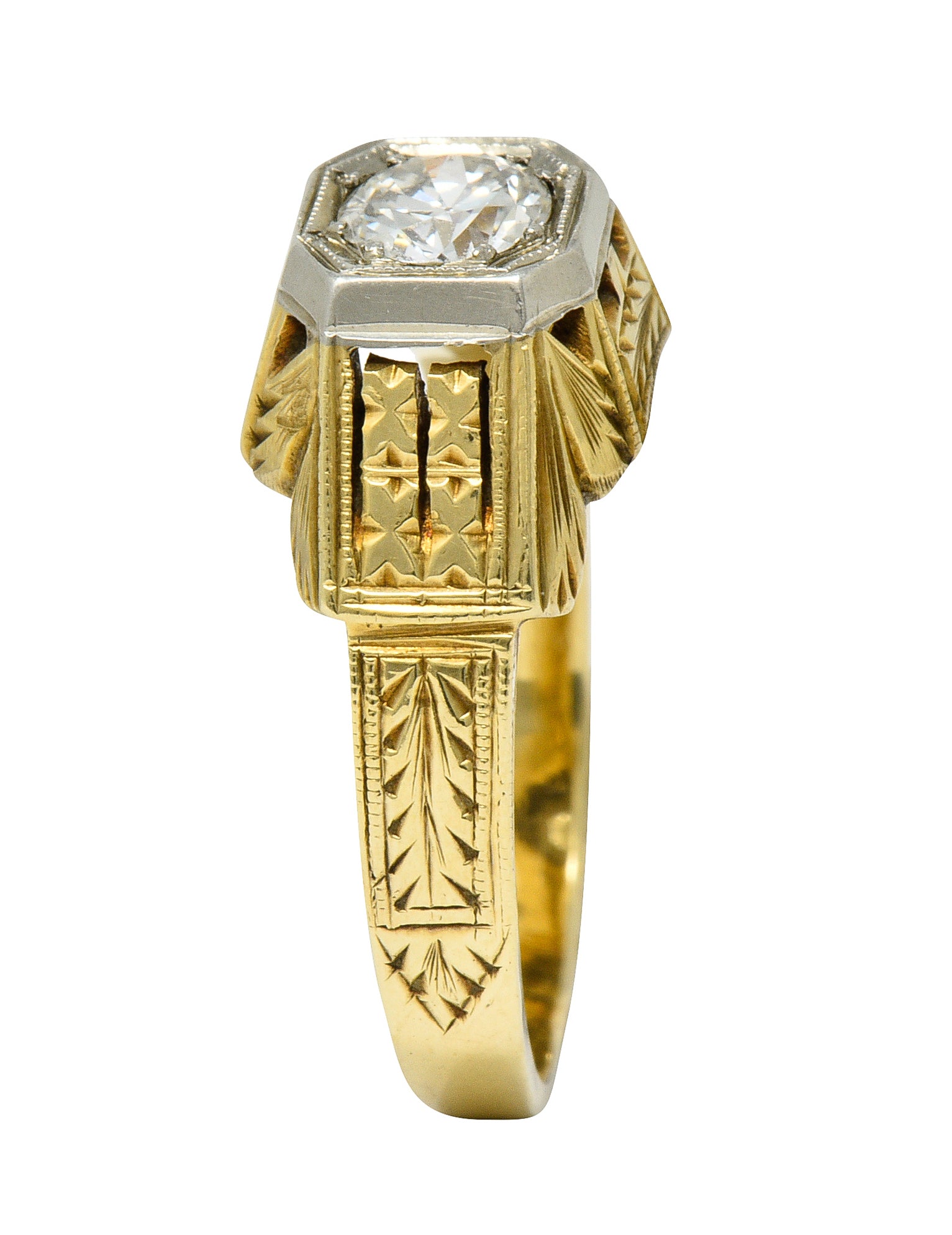 Art Deco Diamond 18 & 14 Karat Two Tone Gold Unisex Octagonal RingRing - Wilson's Estate Jewelry