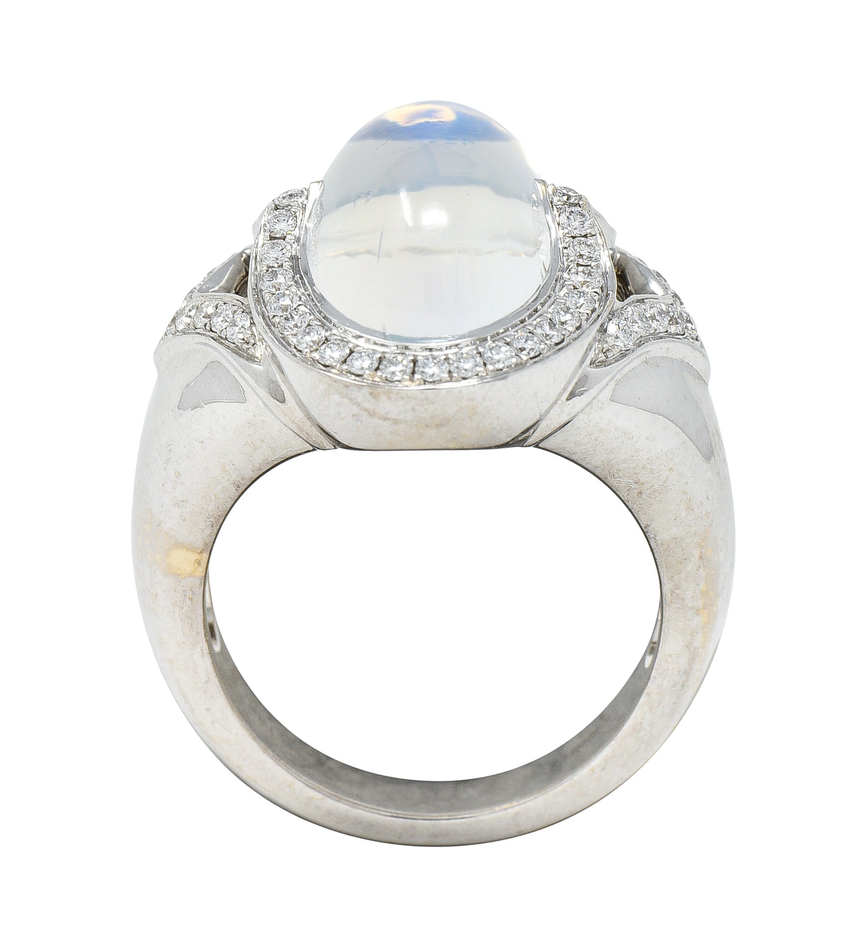 Spark Contemporary Rainbow Moonstone Cabochon Diamond 18 Karat White Gold Halo Ring Wilson's Estate Jewelry