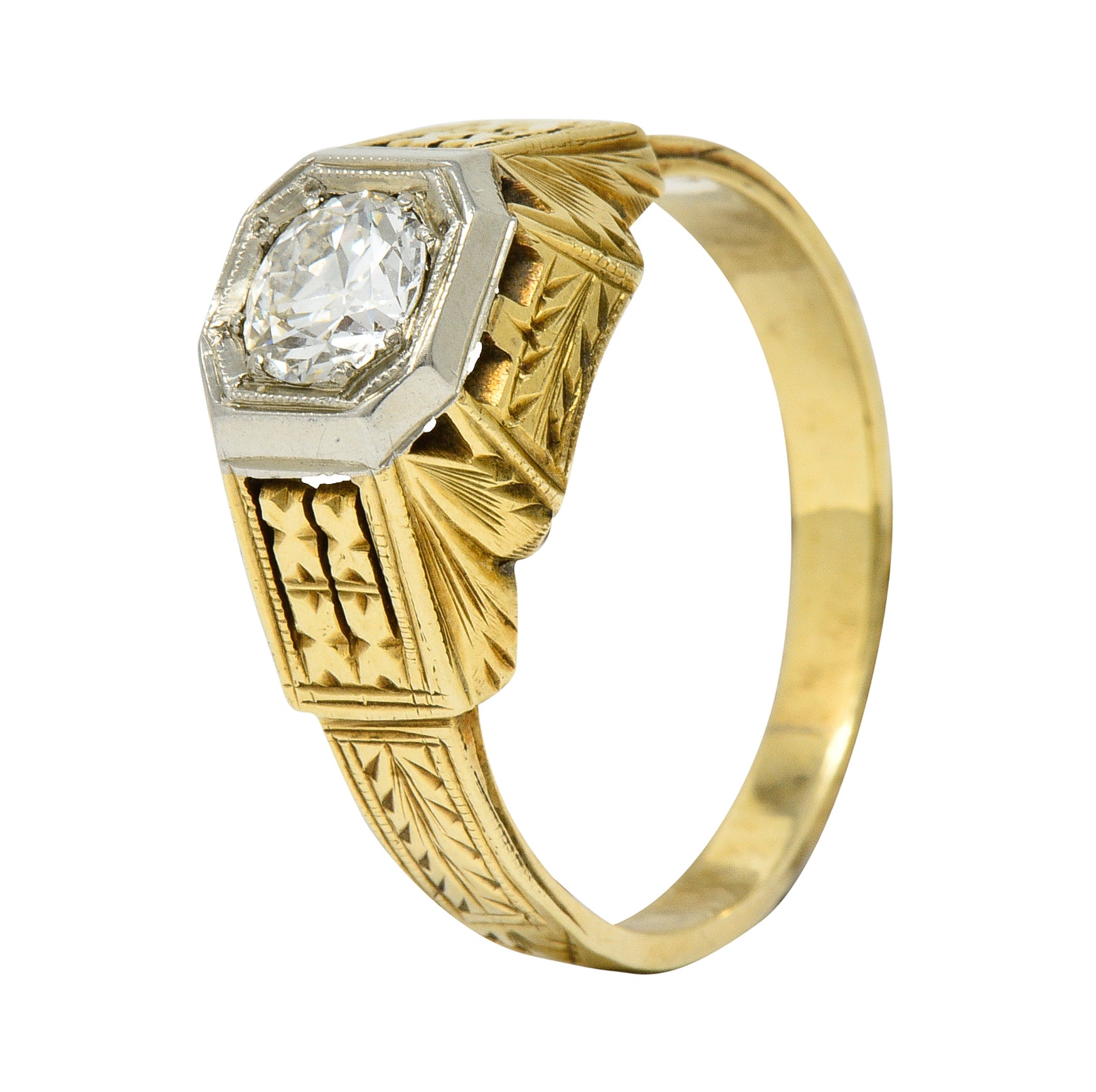 Art Deco Diamond 18 & 14 Karat Two Tone Gold Unisex Octagonal RingRing - Wilson's Estate Jewelry