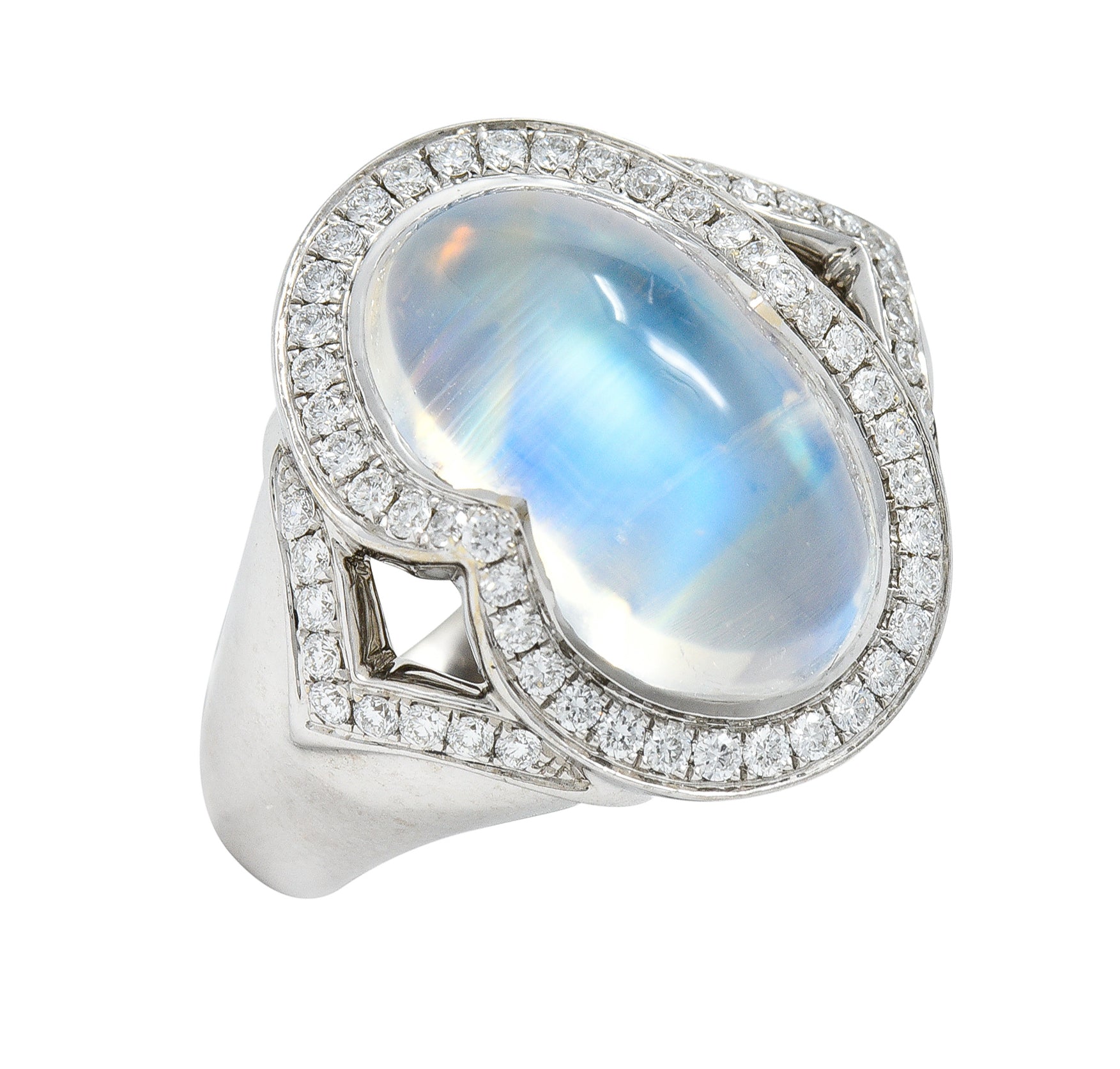 Spark Contemporary Rainbow Moonstone Cabochon Diamond 18 Karat White Gold Halo Ring Wilson's Estate Jewelry