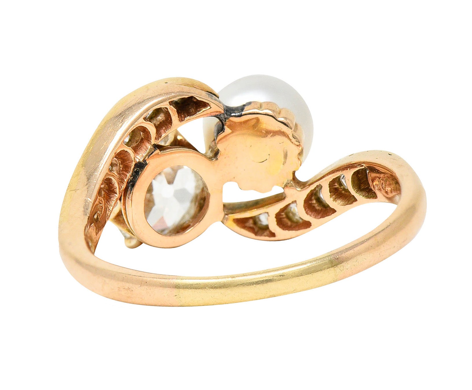 Victorian Pearl 0.88 CTW Diamond 14 Karat Gold Toi Et Moi Bypass RingRing - Wilson's Estate Jewelry