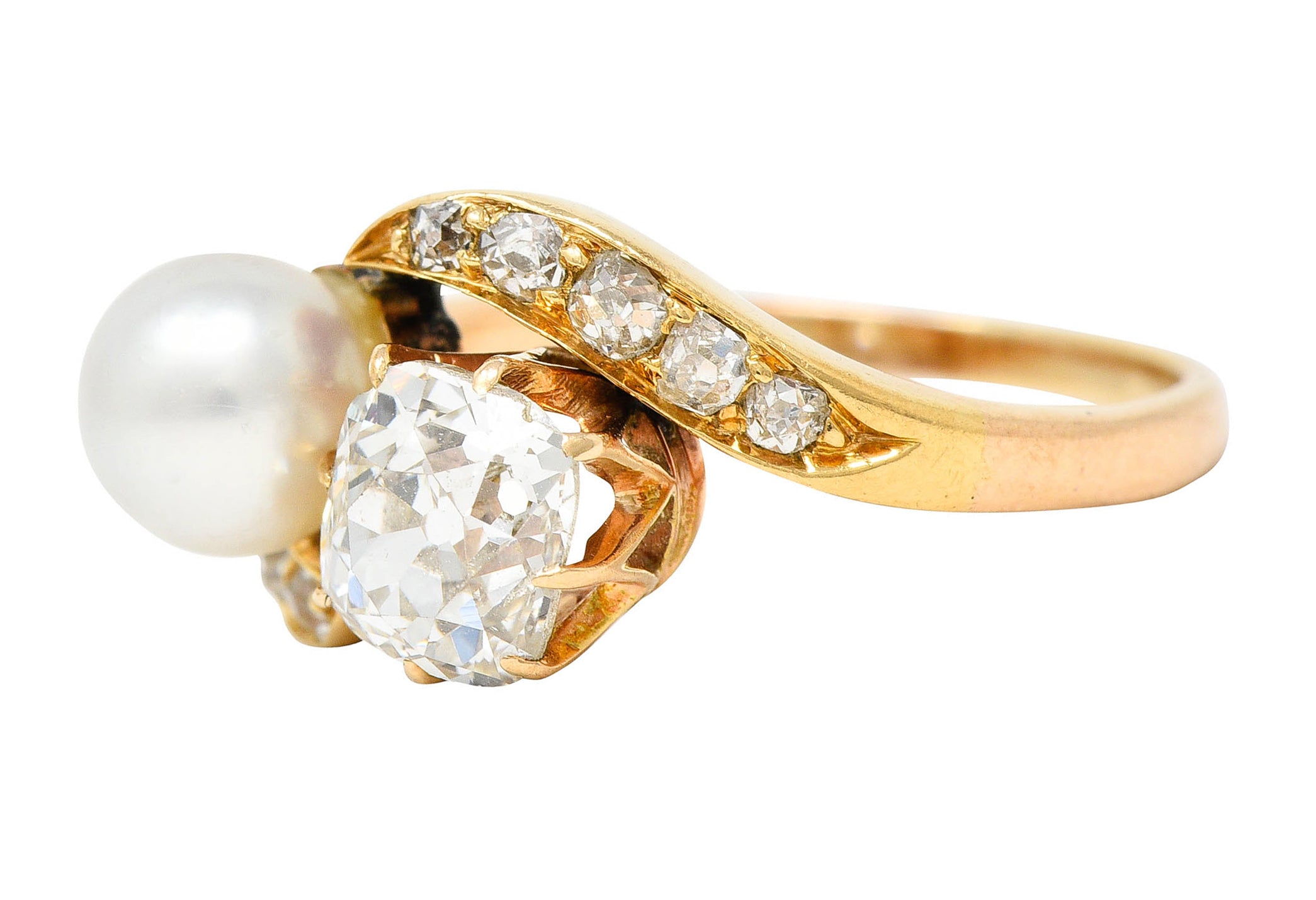 Victorian Pearl 0.88 CTW Diamond 14 Karat Gold Toi Et Moi Bypass RingRing - Wilson's Estate Jewelry