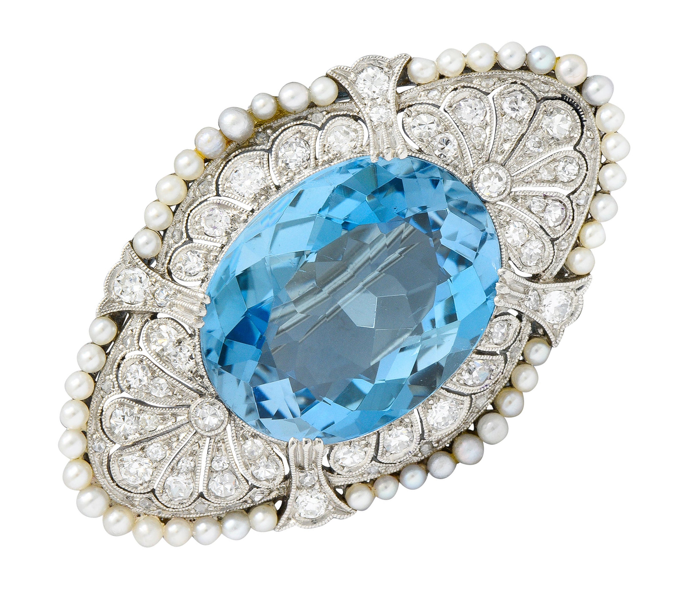 Swiss Edwardian 15.55 CTW Aquamarine Diamond Pearl Platinum BroochBrooch - Wilson's Estate Jewelry