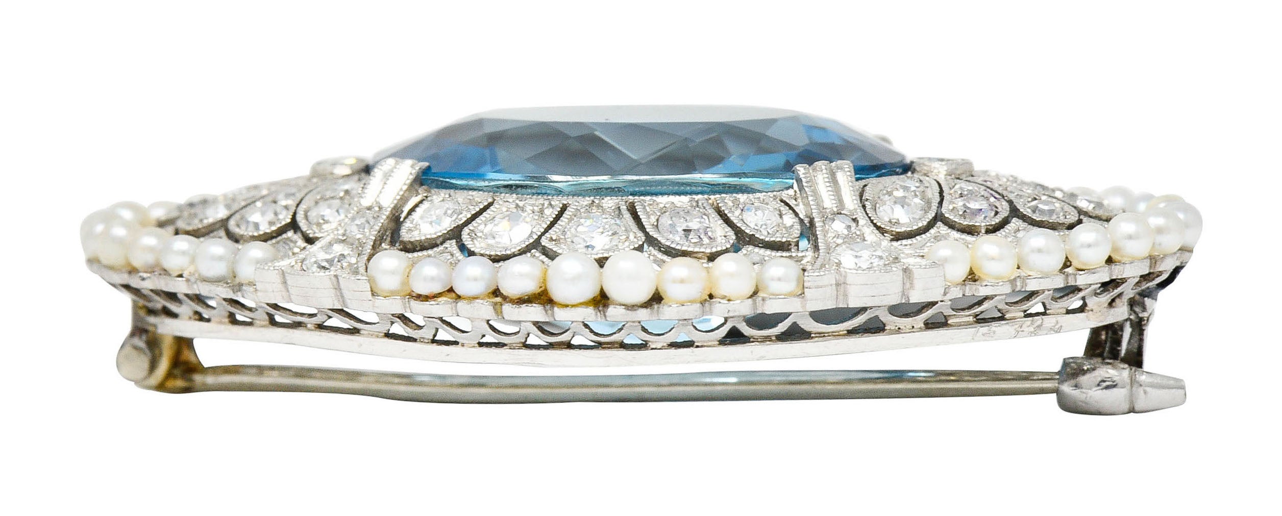 Swiss Edwardian 15.55 CTW Aquamarine Diamond Pearl Platinum BroochBrooch - Wilson's Estate Jewelry