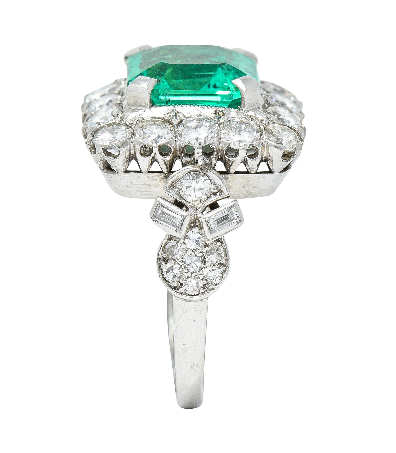 Mid-Century 5.73 CTW  Colombian Emerald Transitional Cut Diamond Platinum Vintage Halo Ring GIA Wilson's Estate Jewelry