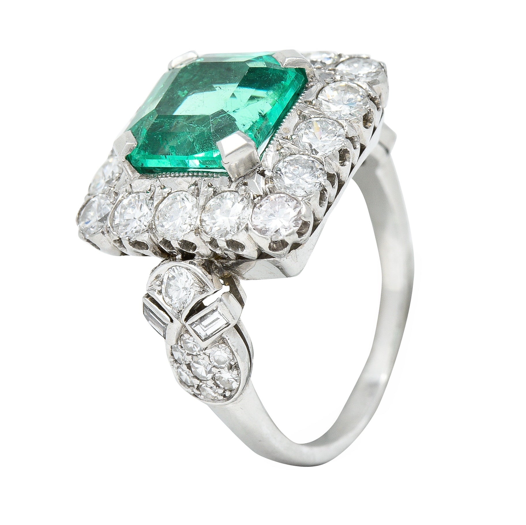 Mid-Century 5.73 CTW  Colombian Emerald Transitional Cut Diamond Platinum Vintage Halo Ring GIA Wilson's Estate Jewelry