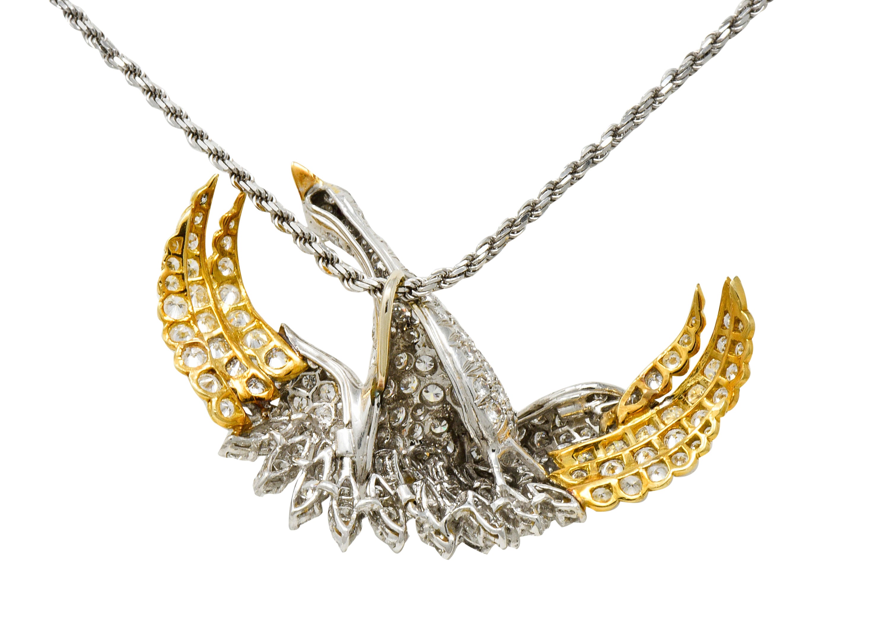 1970's Vintage 8.50 CTW Diamond Platinum 18 Karat Gold Swan Pendant NecklaceNecklace - Wilson's Estate Jewelry