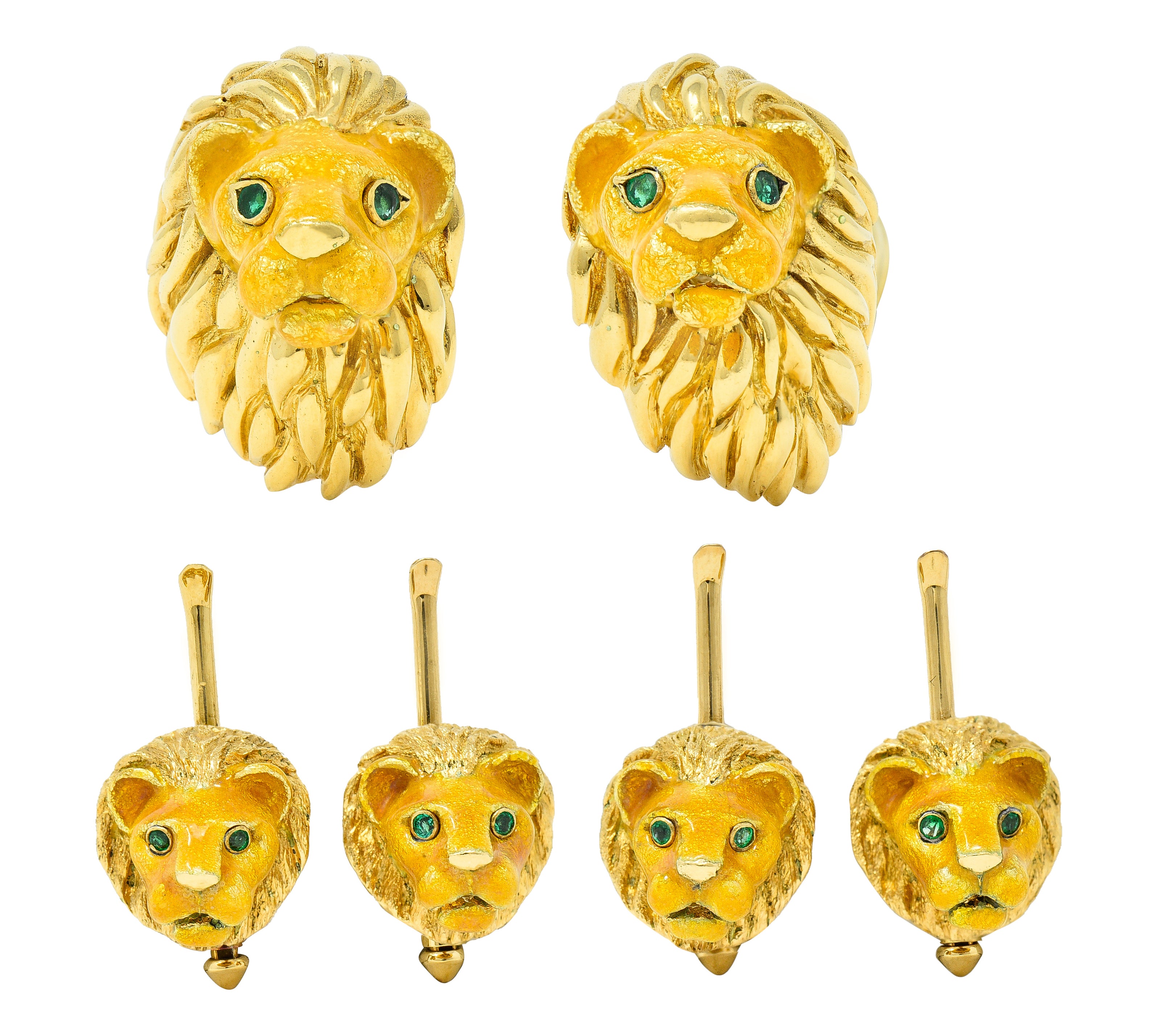 Tiffany & Co. Emerald Enamel 18 Karat Yellow Gold Lion Head Vintage Men's Cufflink Dress Set Wilson's Estate Jewelry