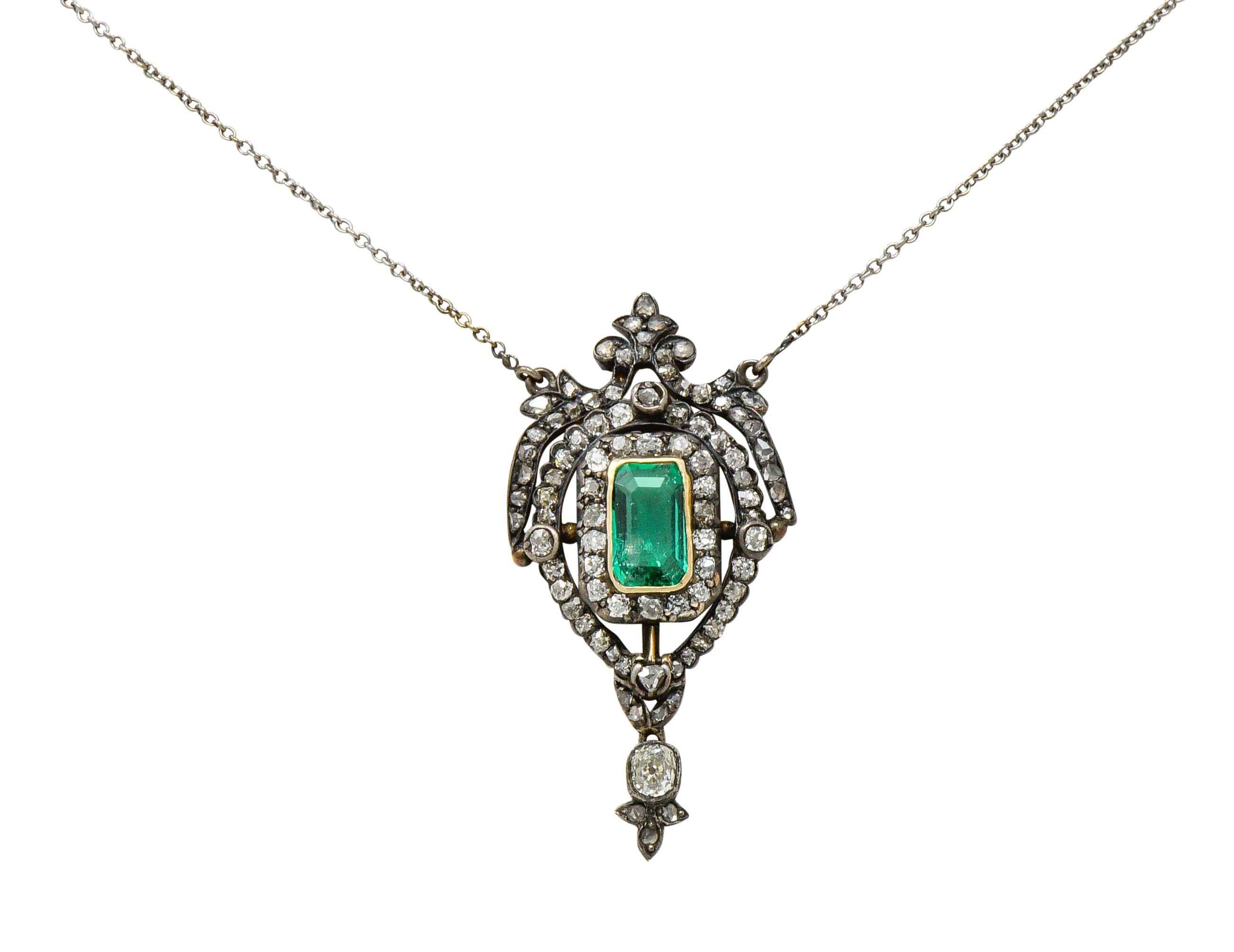 Early Victorian Emerald Diamond Silver-Topped Gold Ornate Drop NecklaceNecklace - Wilson's Estate Jewelry