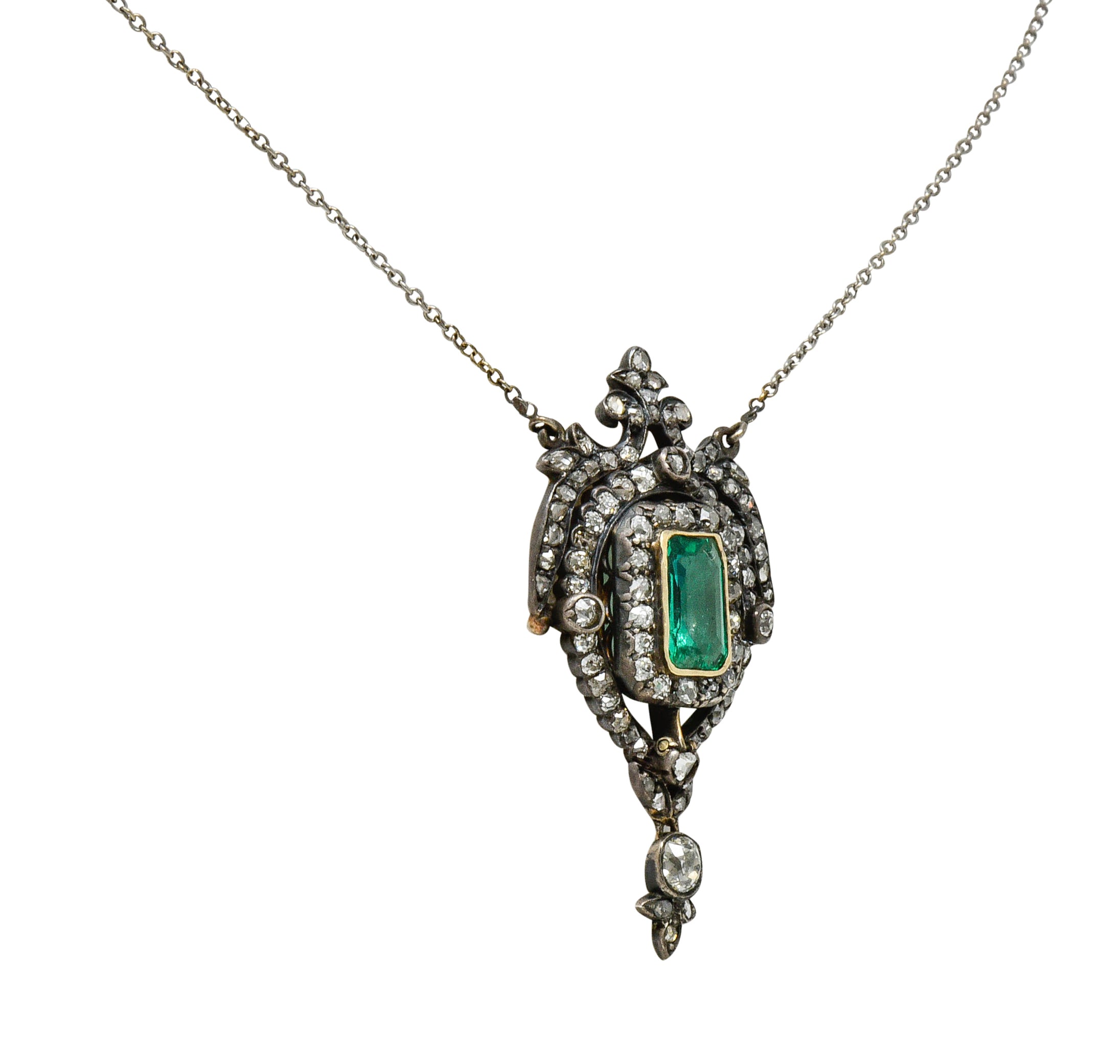 Early Victorian Emerald Diamond Silver-Topped Gold Ornate Drop NecklaceNecklace - Wilson's Estate Jewelry