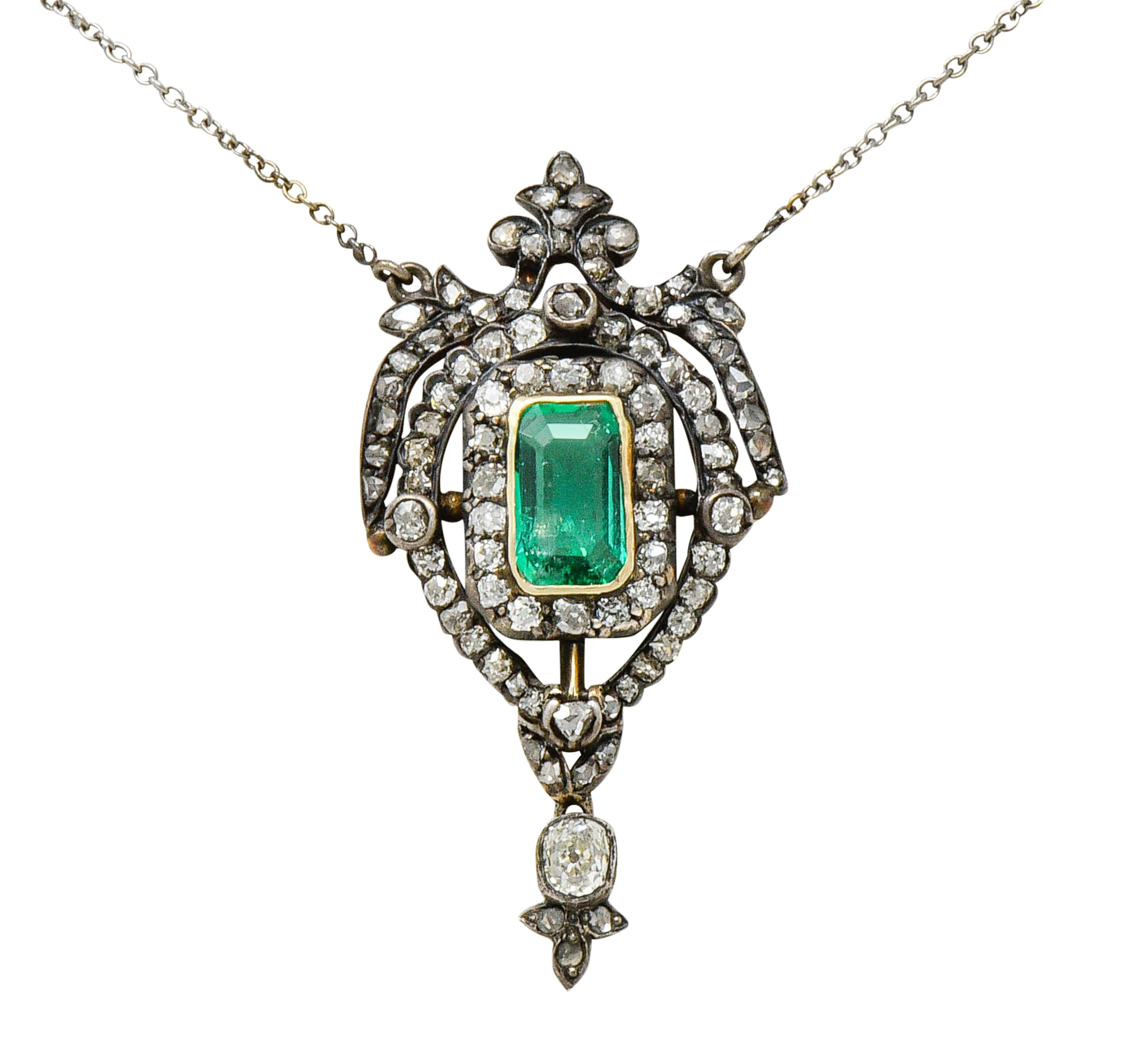 Early Victorian Emerald Diamond Silver-Topped Gold Ornate Drop NecklaceNecklace - Wilson's Estate Jewelry