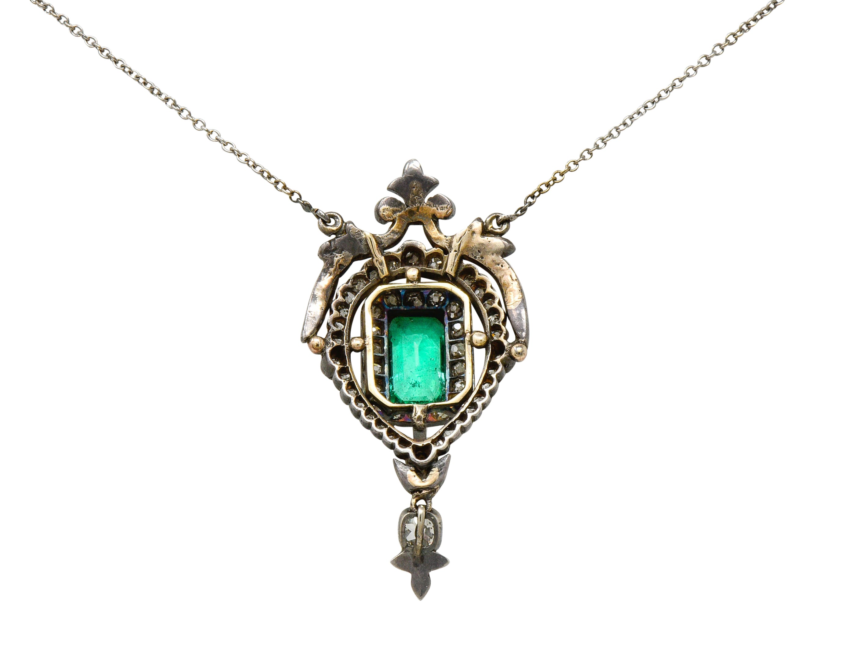 Early Victorian Emerald Diamond Silver-Topped Gold Ornate Drop NecklaceNecklace - Wilson's Estate Jewelry