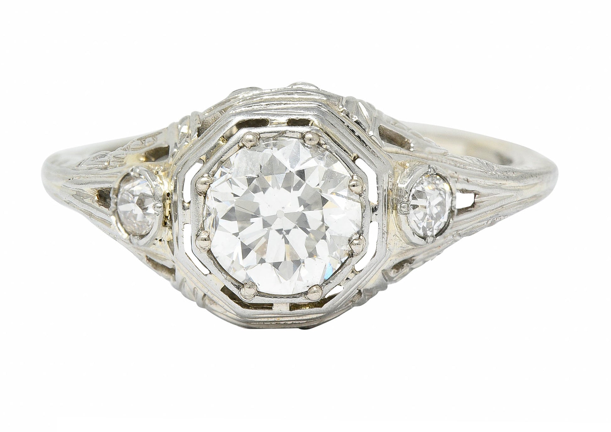 Late Edwardian Diamond 14 Karat White Gold Octagonal Bow Engagement Ring GIARing - Wilson's Estate Jewelry