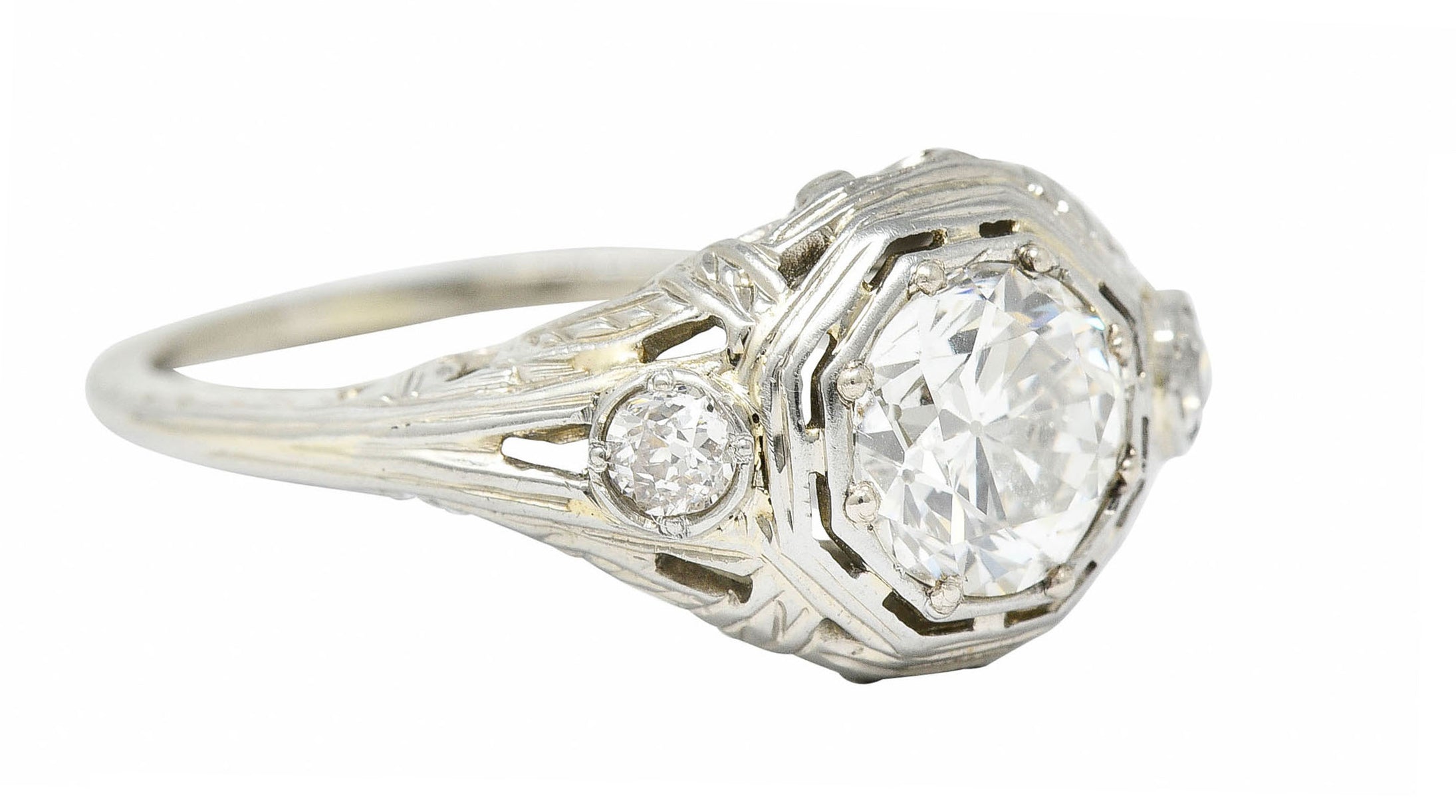 Late Edwardian Diamond 14 Karat White Gold Octagonal Bow Engagement Ring GIARing - Wilson's Estate Jewelry