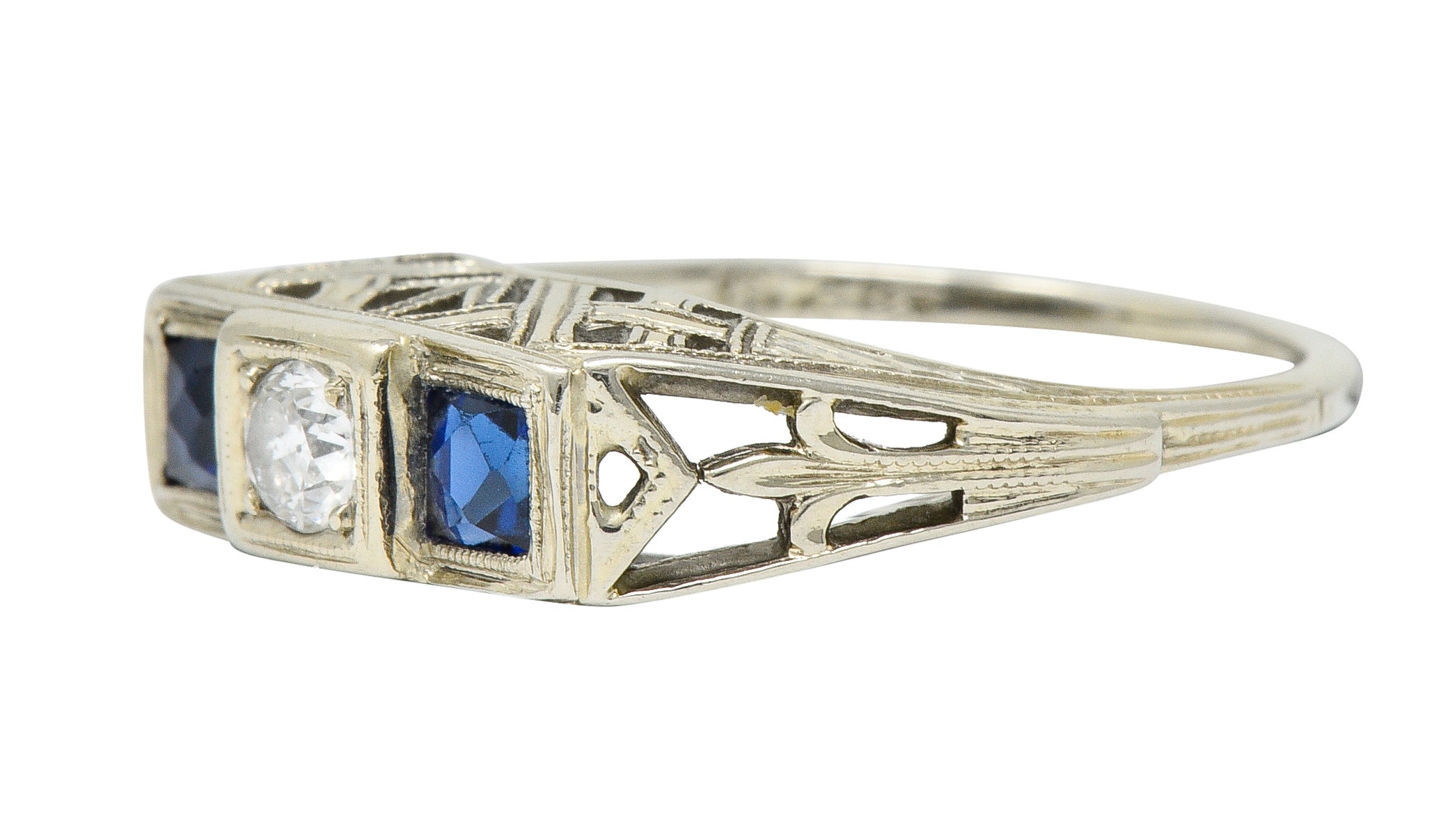 Art Deco 0.73 CTW Diamond Sapphire 19 Karat White Gold Band RingRing - Wilson's Estate Jewelry