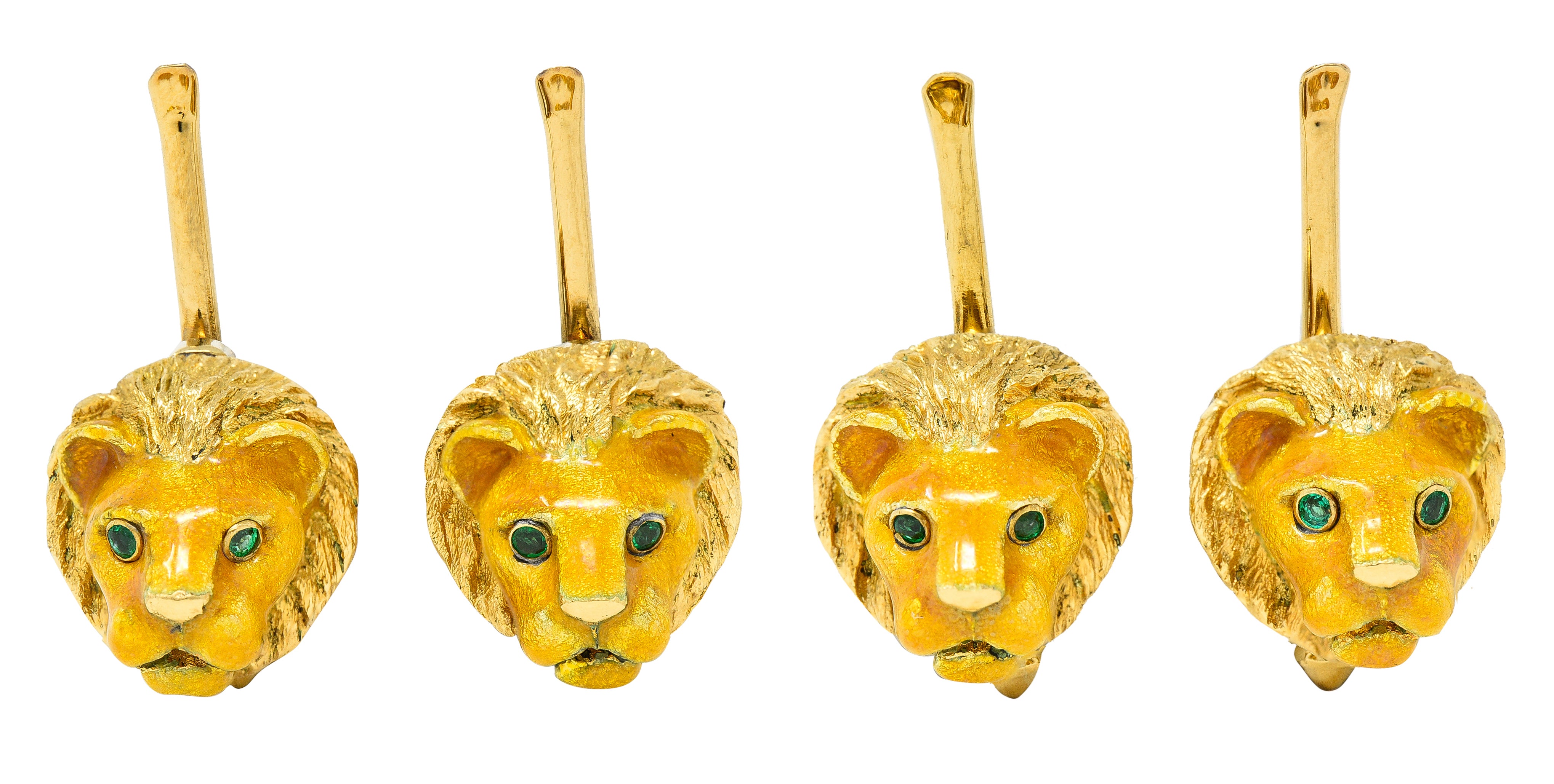 Tiffany & Co. Emerald Enamel 18 Karat Yellow Gold Lion Head Vintage Men's Cufflink Dress Set Wilson's Estate Jewelry