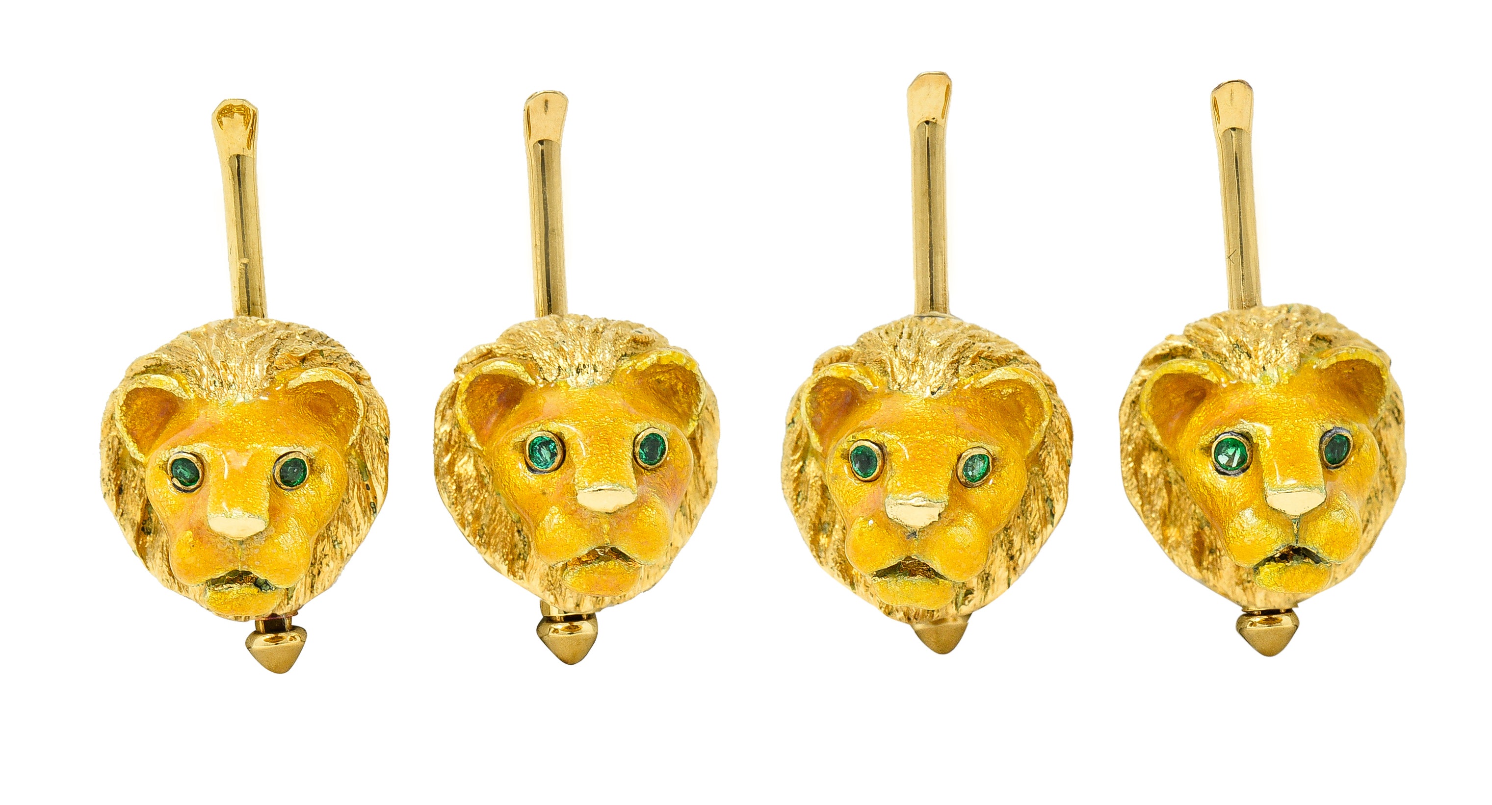 Tiffany & Co. Emerald Enamel 18 Karat Yellow Gold Lion Head Vintage Men's Cufflink Dress Set Wilson's Estate Jewelry