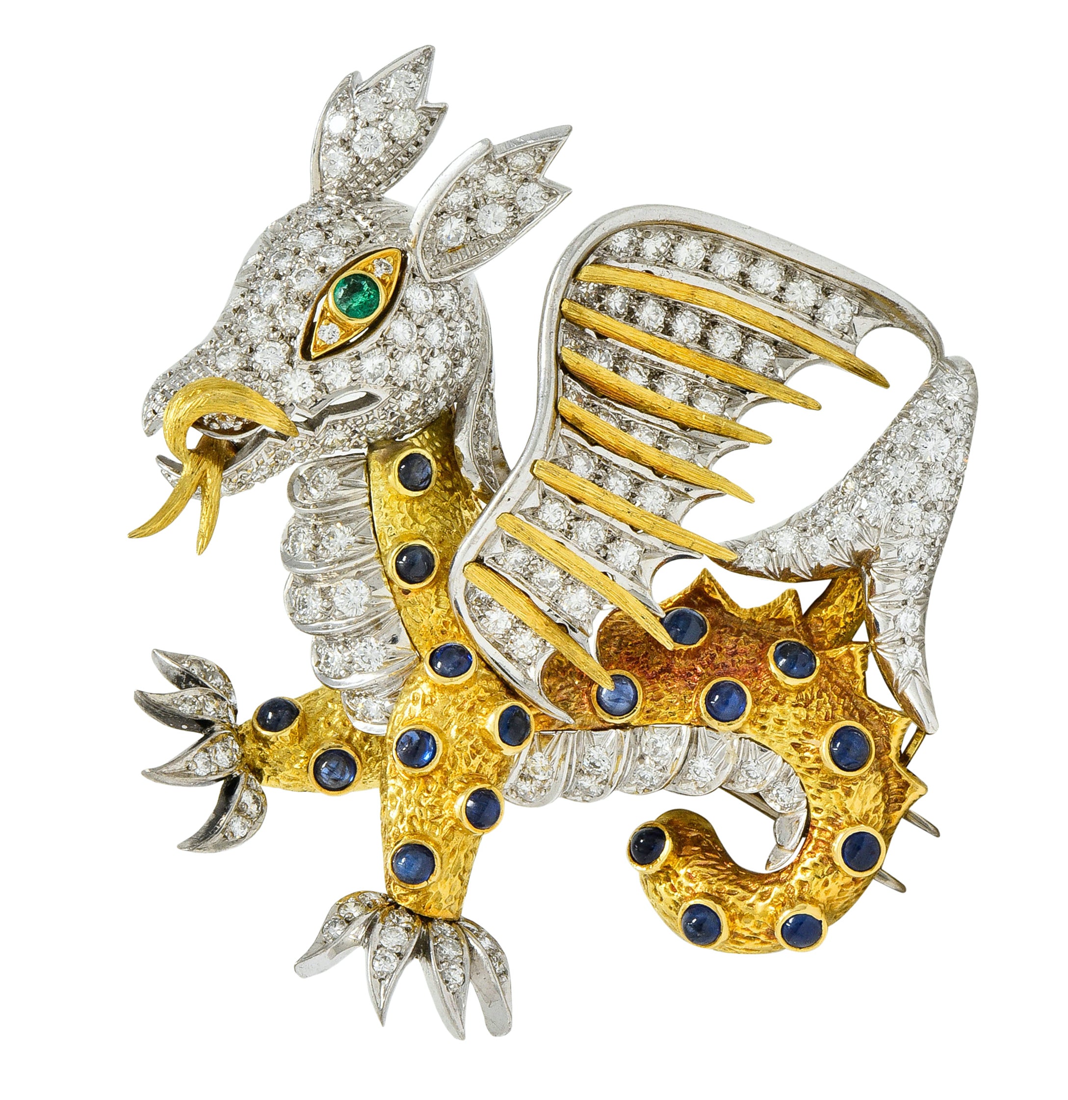 1960's Vintage Diamond Emerald Sapphire Platinum 18 Karat Gold Serpent Dragon Brooch - Wilson's Estate Jewelry