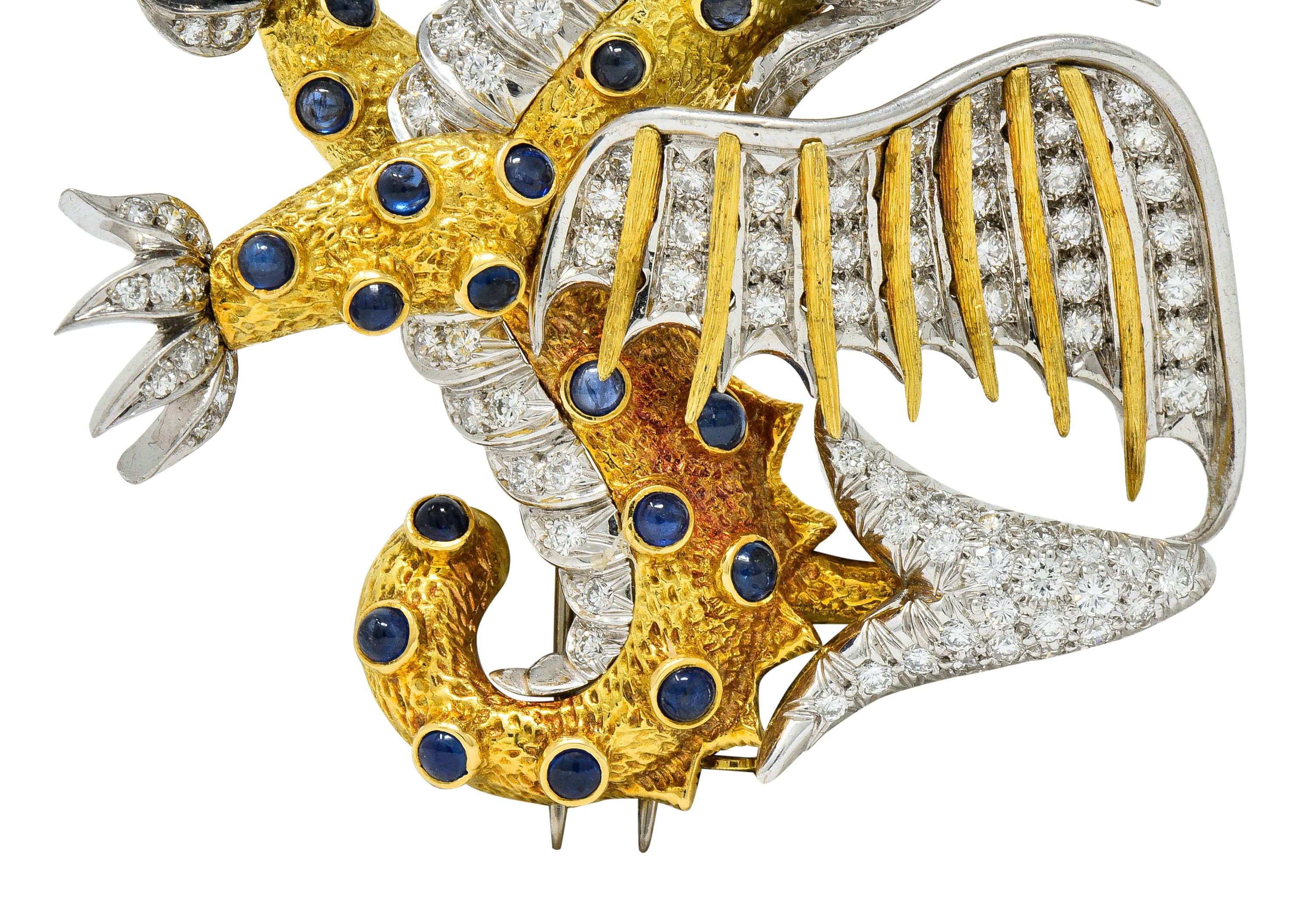 1960's Vintage Diamond Emerald Sapphire Platinum 18 Karat Gold Serpent Dragon Brooch - Wilson's Estate Jewelry