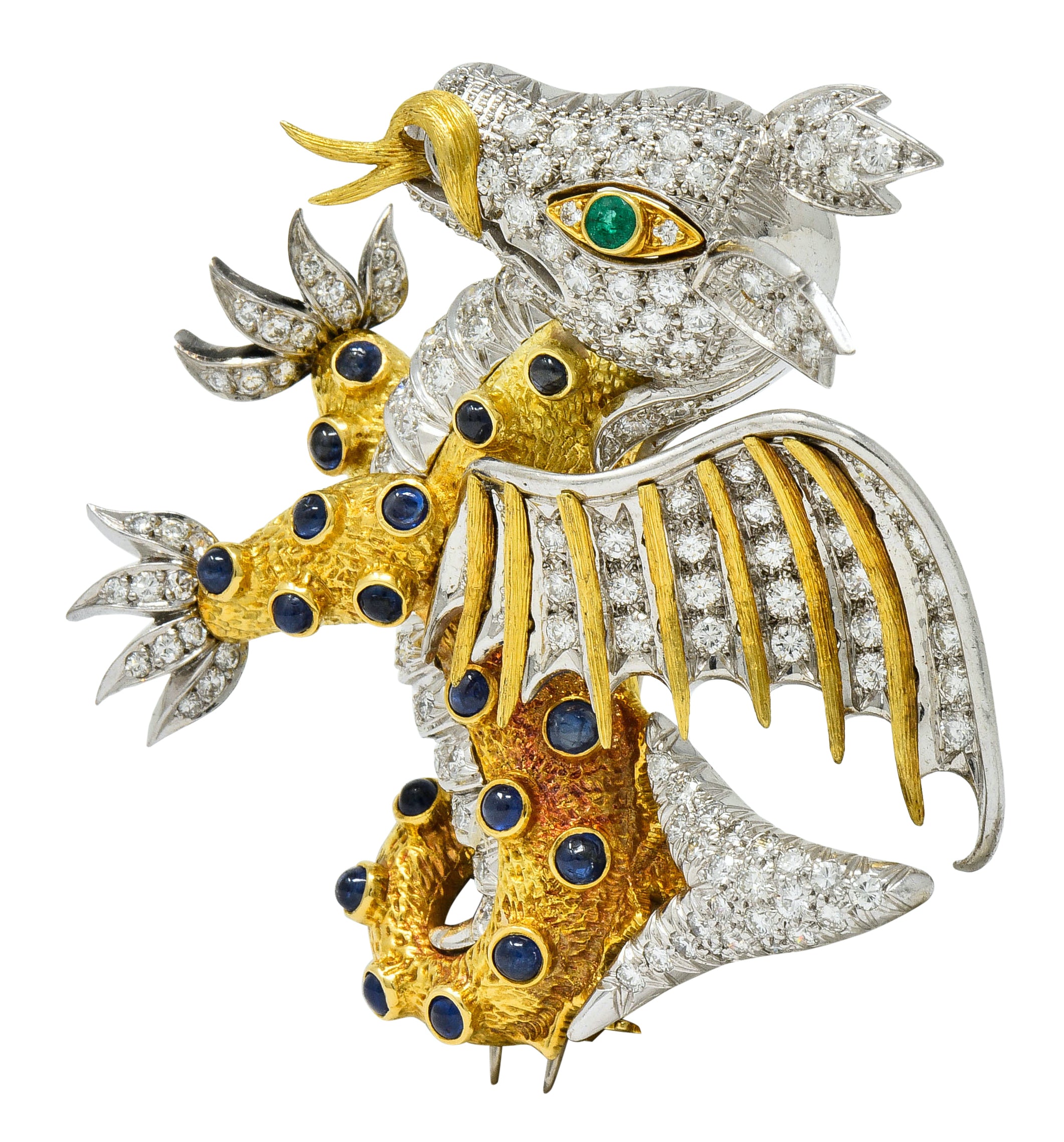 1960's Vintage Diamond Emerald Sapphire Platinum 18 Karat Gold Serpent Dragon Brooch - Wilson's Estate Jewelry