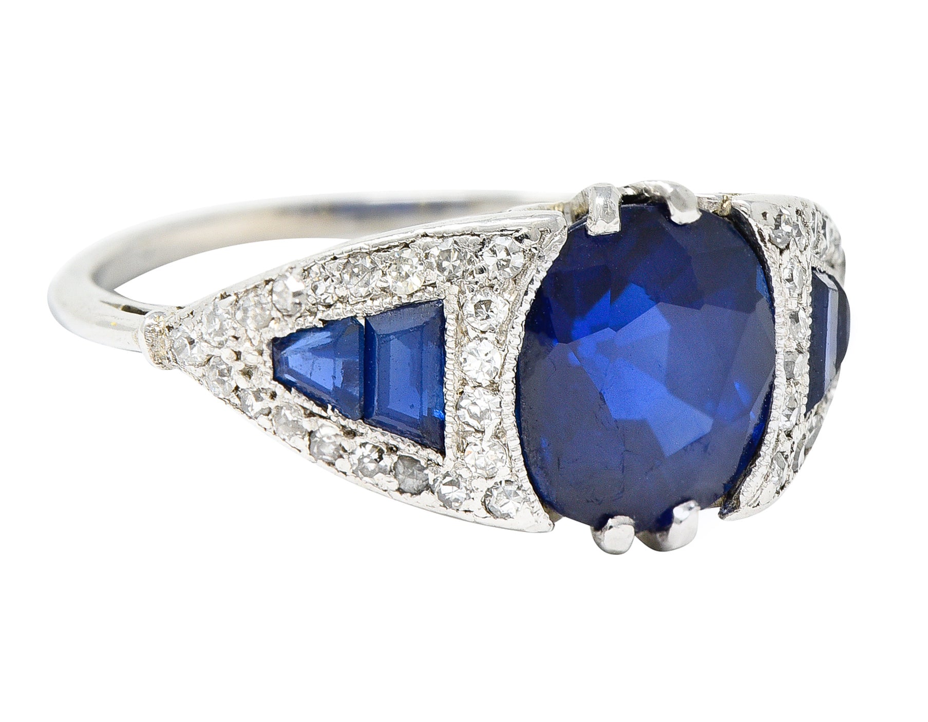 Art Deco 3.33 CTW No Heat Burma Sapphire Diamond 18 Karat White Gold Ring AGLRing - Wilson's Estate Jewelry