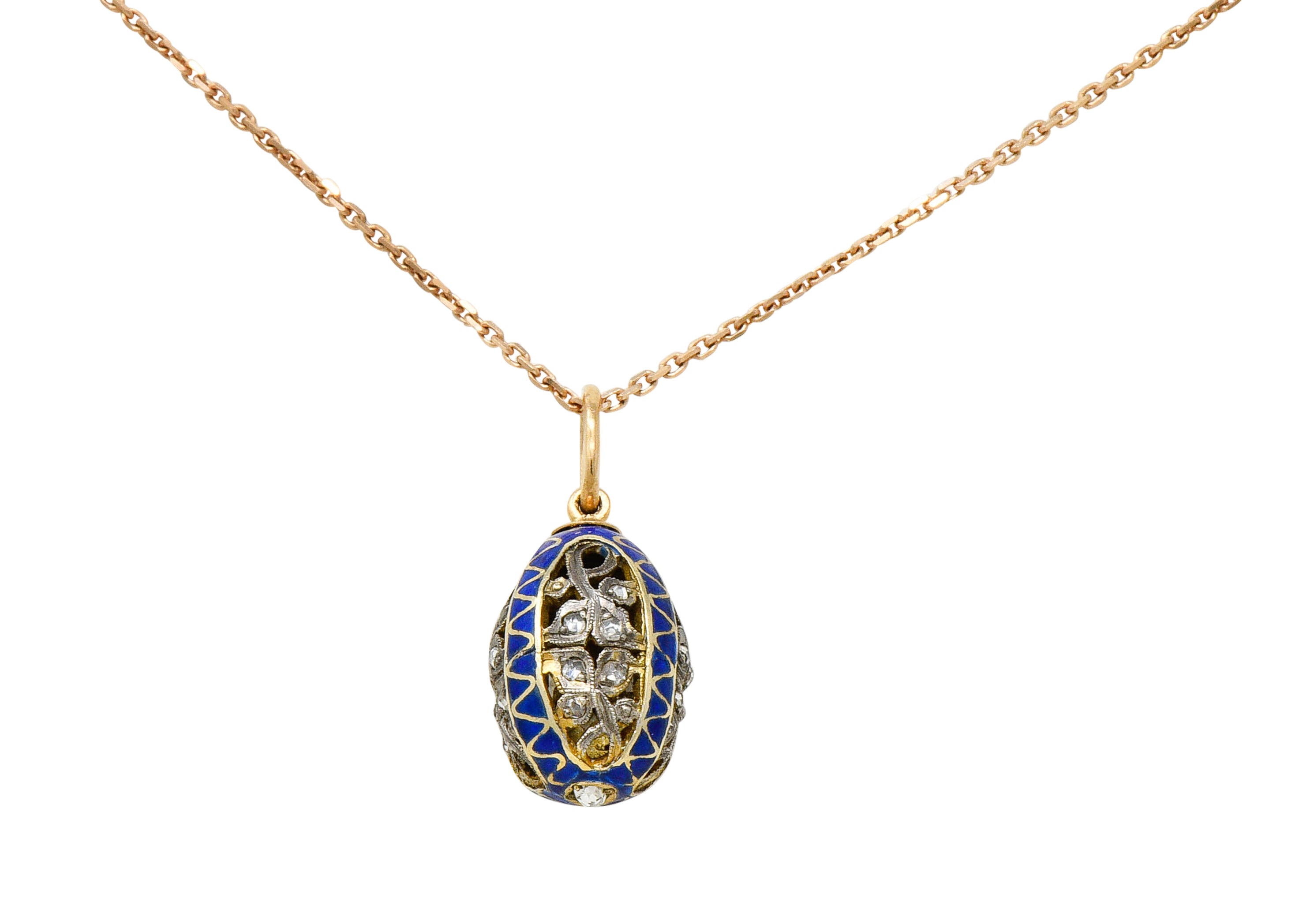 Russian Rose Cut Diamond Sterling Silver 14 Karat Gold Egg Pendant Necklace Circa 1920Necklace - Wilson's Estate Jewelry