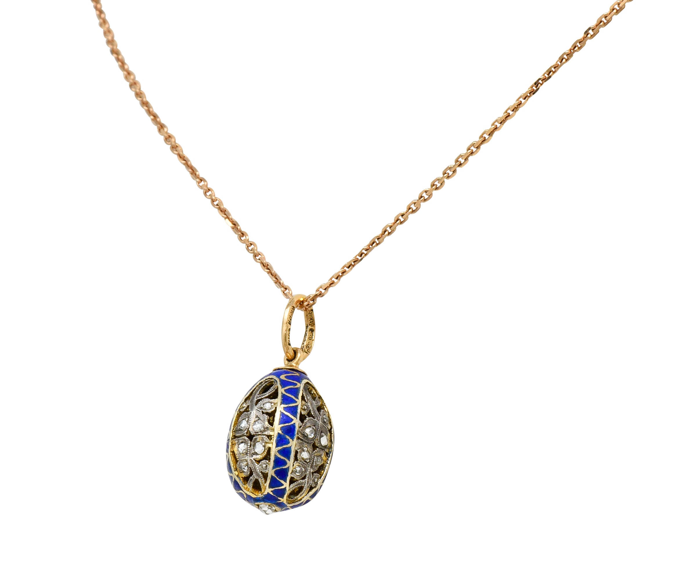 Russian Rose Cut Diamond Sterling Silver 14 Karat Gold Egg Pendant Necklace Circa 1920Necklace - Wilson's Estate Jewelry