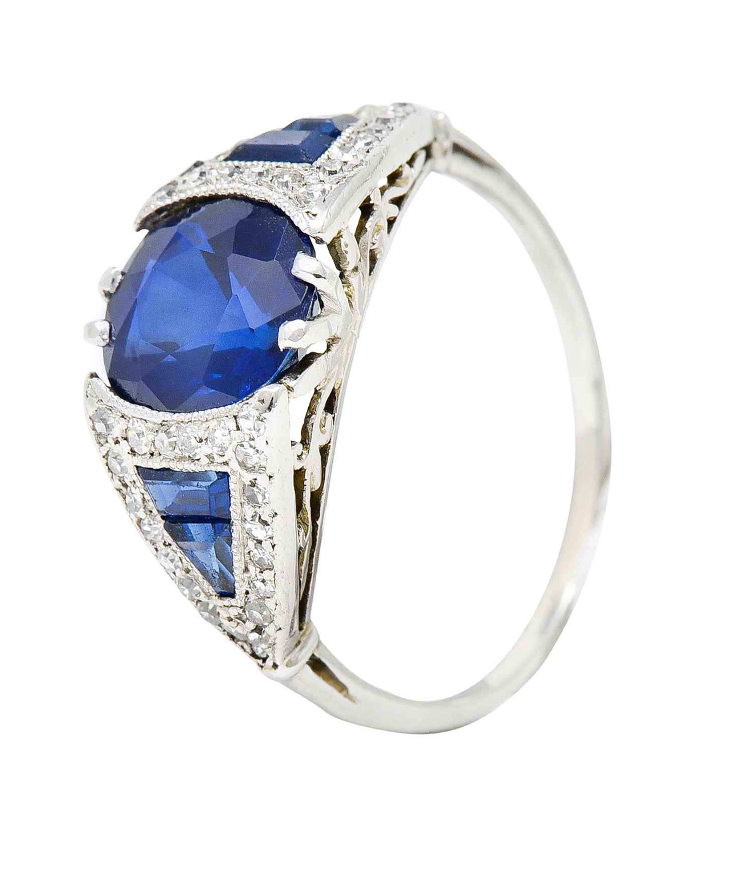 Art Deco 3.33 CTW No Heat Burma Sapphire Diamond 18 Karat White Gold Ring AGLRing - Wilson's Estate Jewelry