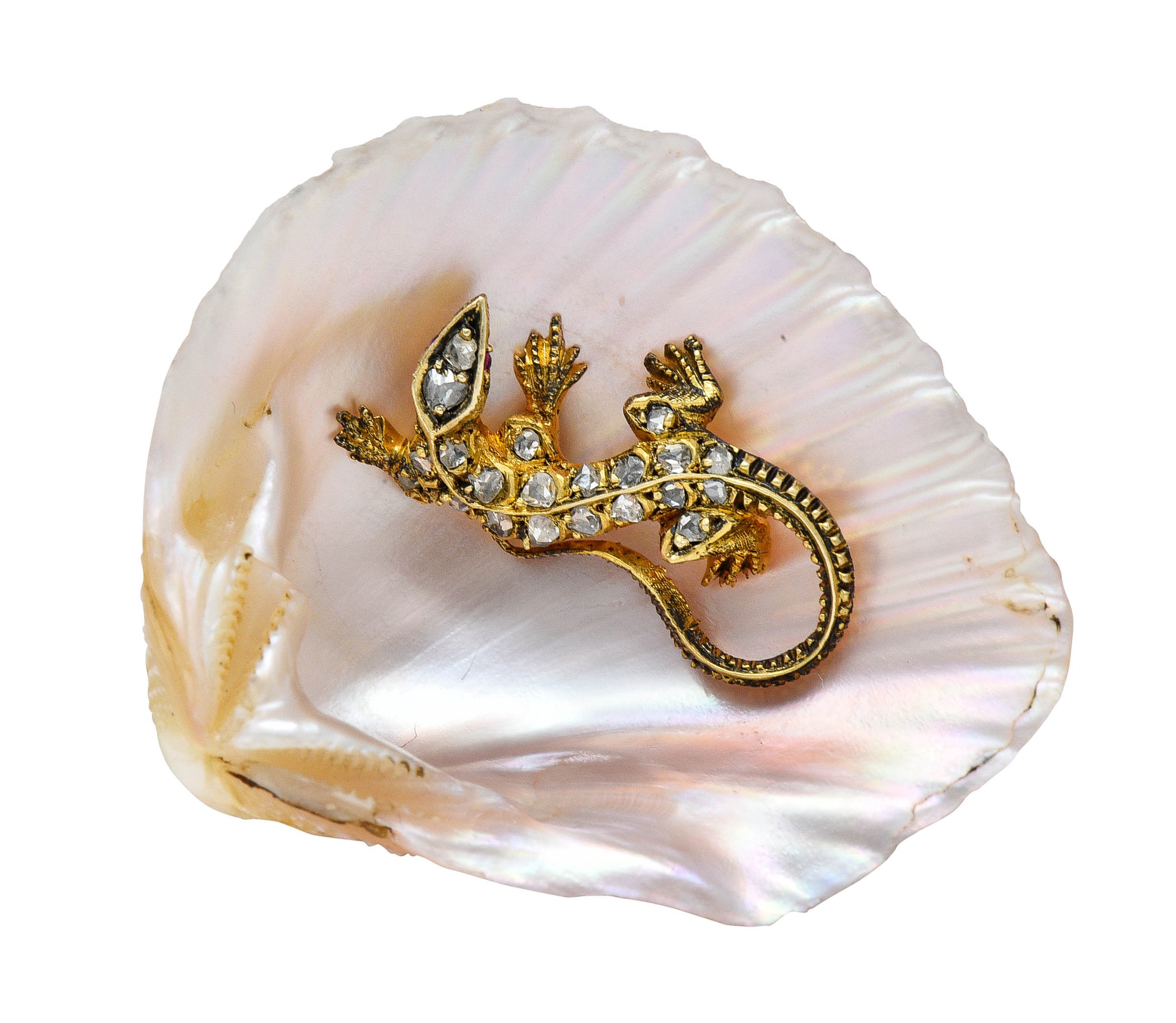 French Victorian Shell Rose Cut Diamond 18 Karat Gold Lizard BroochBrooch - Wilson's Estate Jewelry