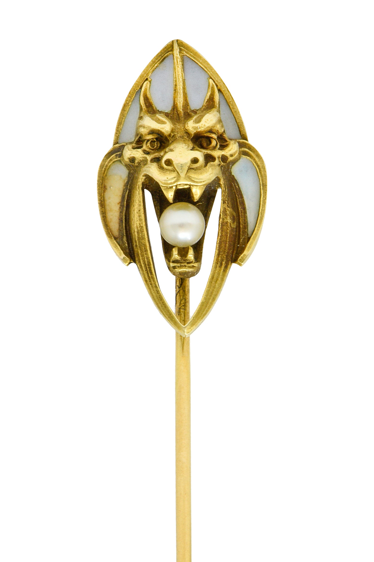 Art Nouveau Pearl Plique-A-Jour Enamel 14 Karat Gold Gargoyle StickpinStick Pin - Wilson's Estate Jewelry