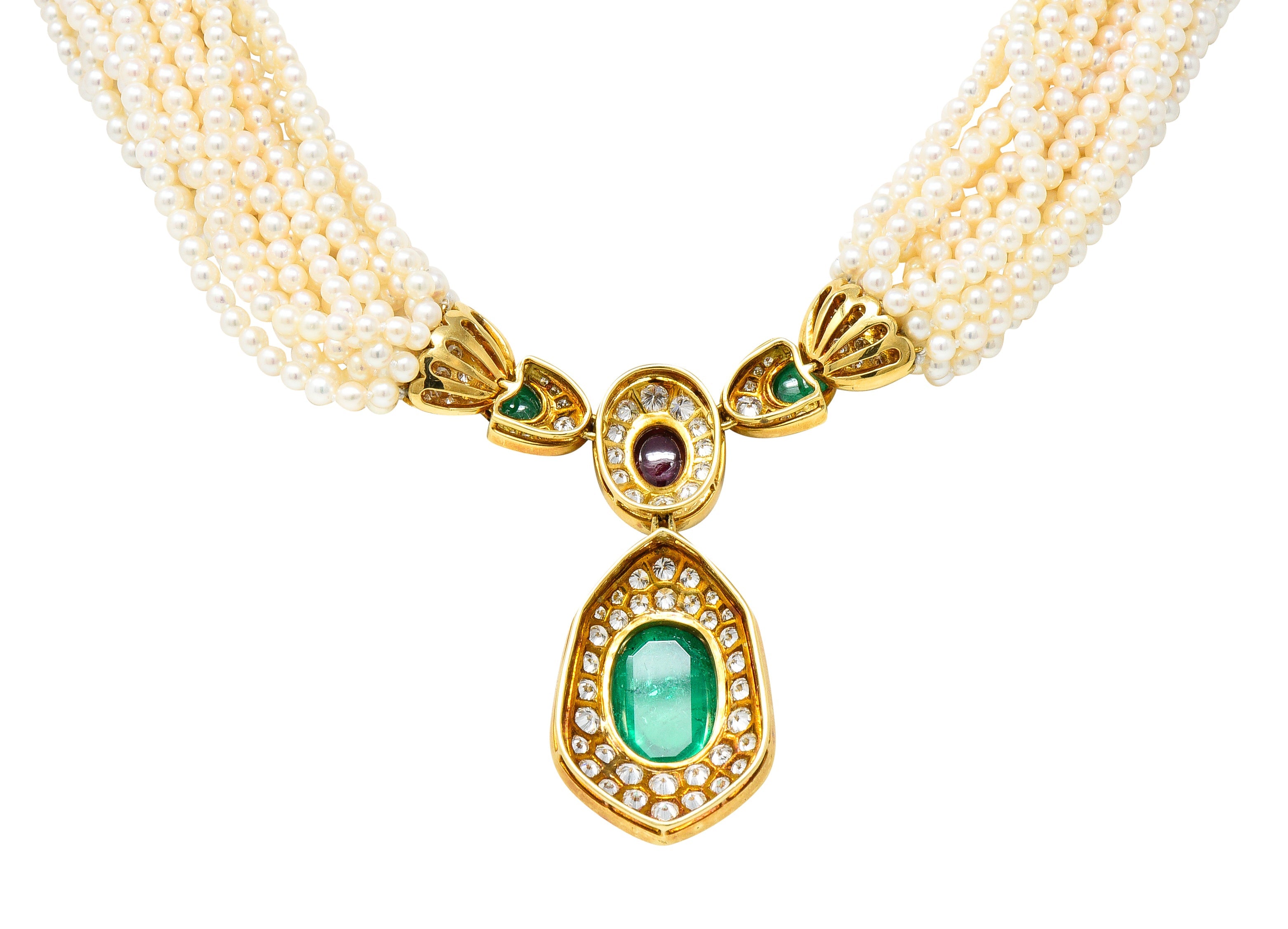 Exceptional Harry Winston Pearl 26.35 CTW Colombian Emerald Ruby Diamond 18 Karat Yellow Gold Multi-Strand Necklace AGL Wilson's Estate Jewelry