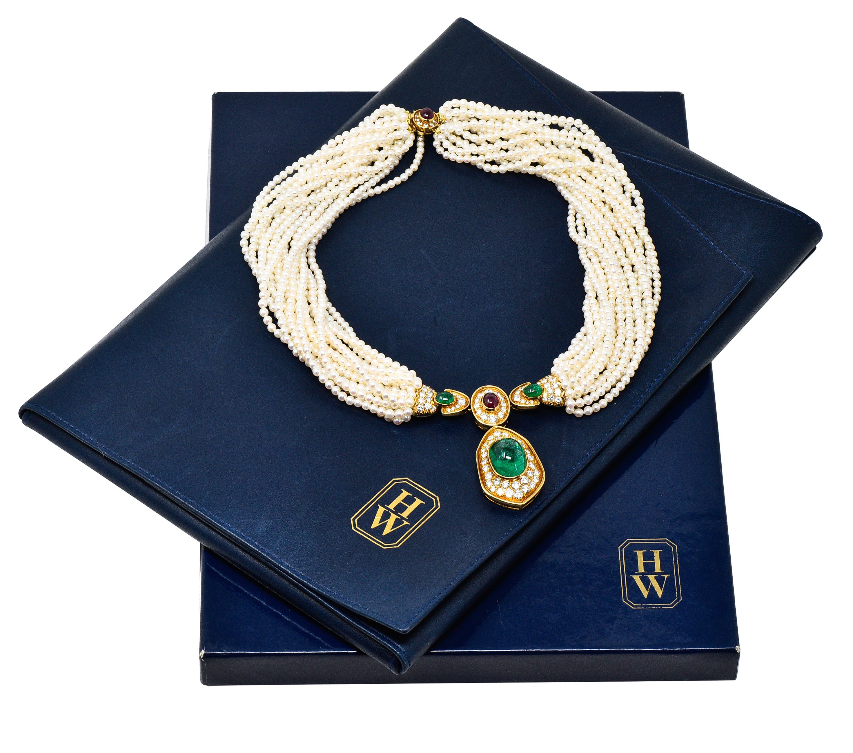 Exceptional Harry Winston Pearl 26.35 CTW Colombian Emerald Ruby Diamond 18 Karat Yellow Gold Multi-Strand Necklace AGL Wilson's Estate Jewelry