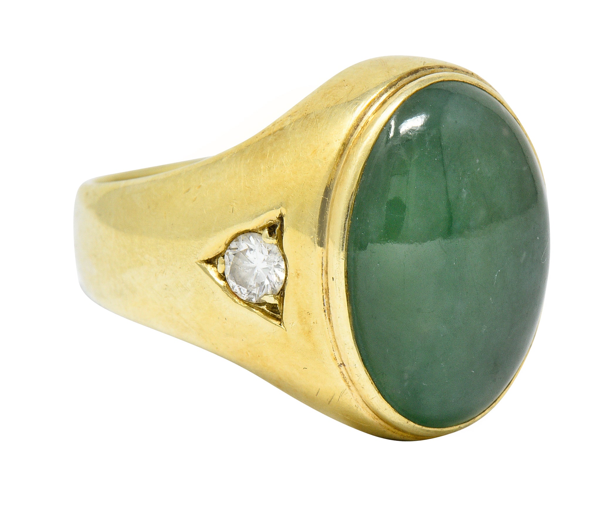 Retro Jadeite Jade Diamond 14 Karat Gold Unisex Cabochon Ring GIARing - Wilson's Estate Jewelry