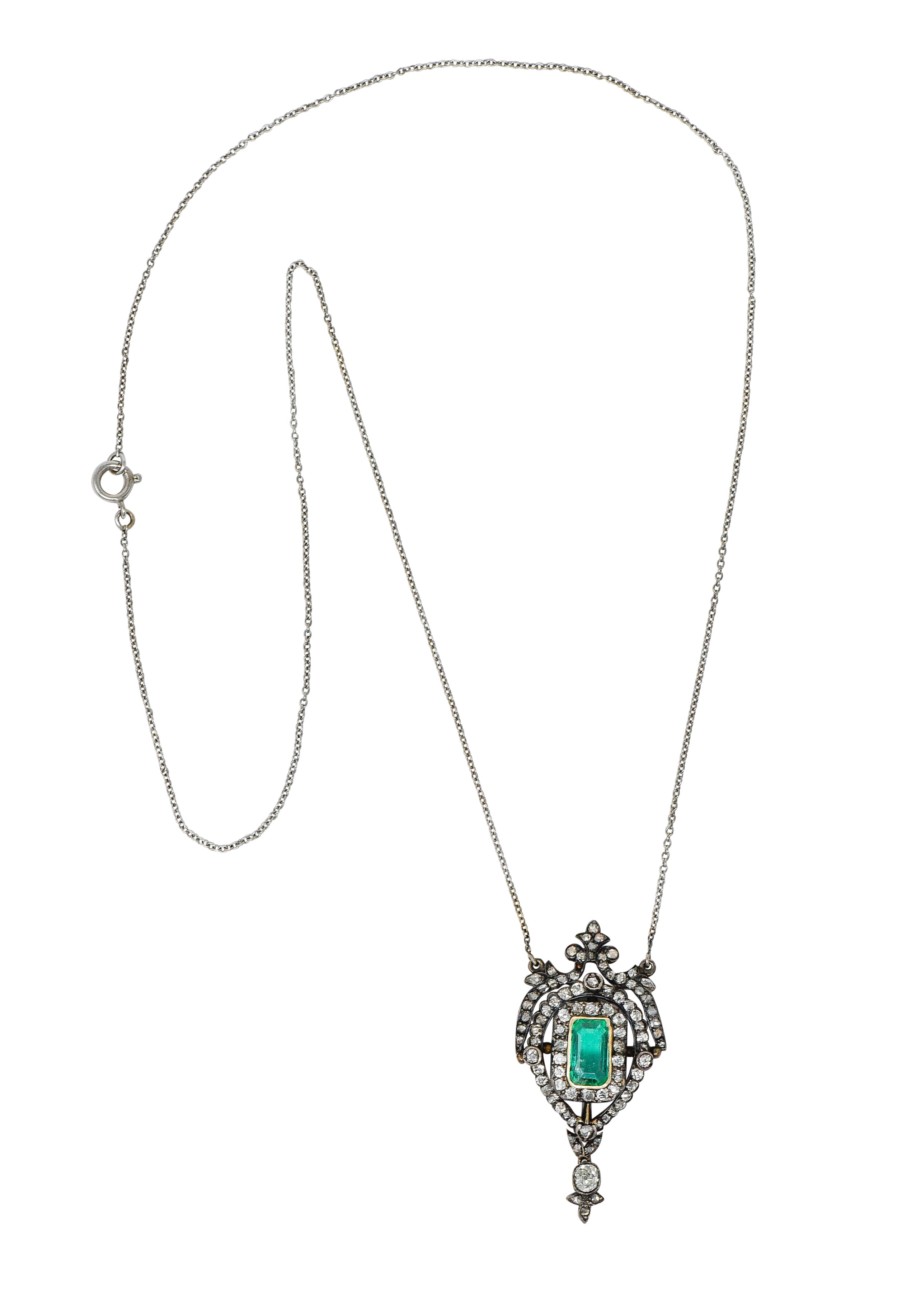 Early Victorian Emerald Diamond Silver-Topped Gold Ornate Drop NecklaceNecklace - Wilson's Estate Jewelry