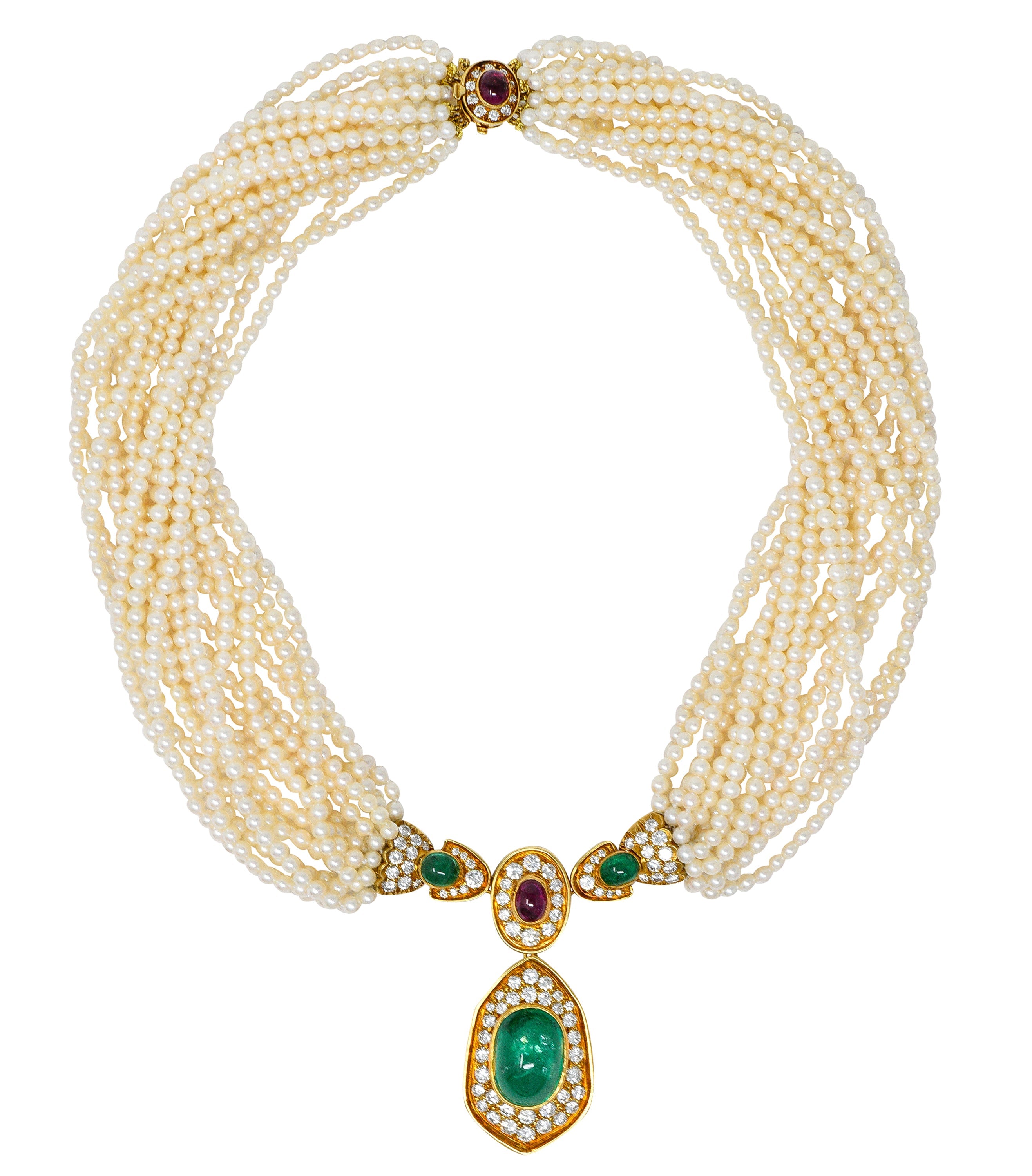 Exceptional Harry Winston Pearl 26.35 CTW Colombian Emerald Ruby Diamond 18 Karat Yellow Gold Multi-Strand Necklace AGL Wilson's Estate Jewelry