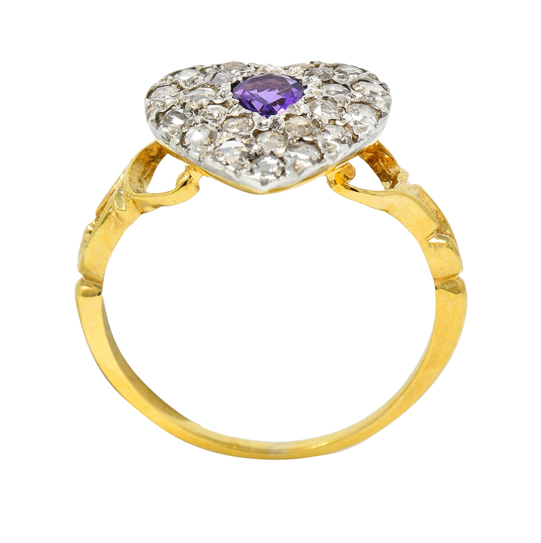 Art Nouveau 0.74 CTW Diamond Amethyst Silver 14 Karat Gold Antique Heart Ring