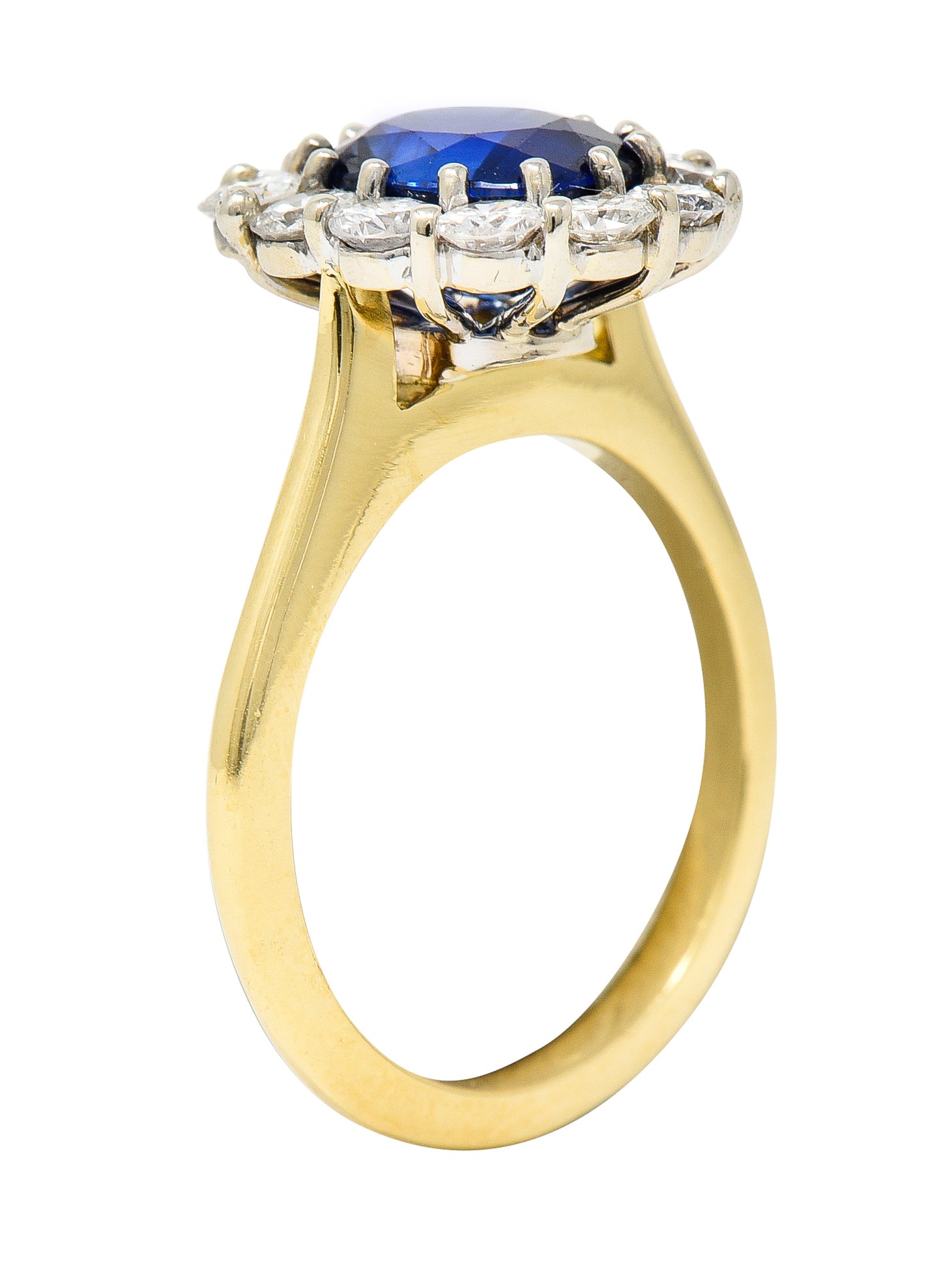 Vintage 3.25 CTW Cushion Cut Sapphire Diamond 18 Karat Two-Tone Vintage Halo Ring GIA Wilson's Estate Jewelry