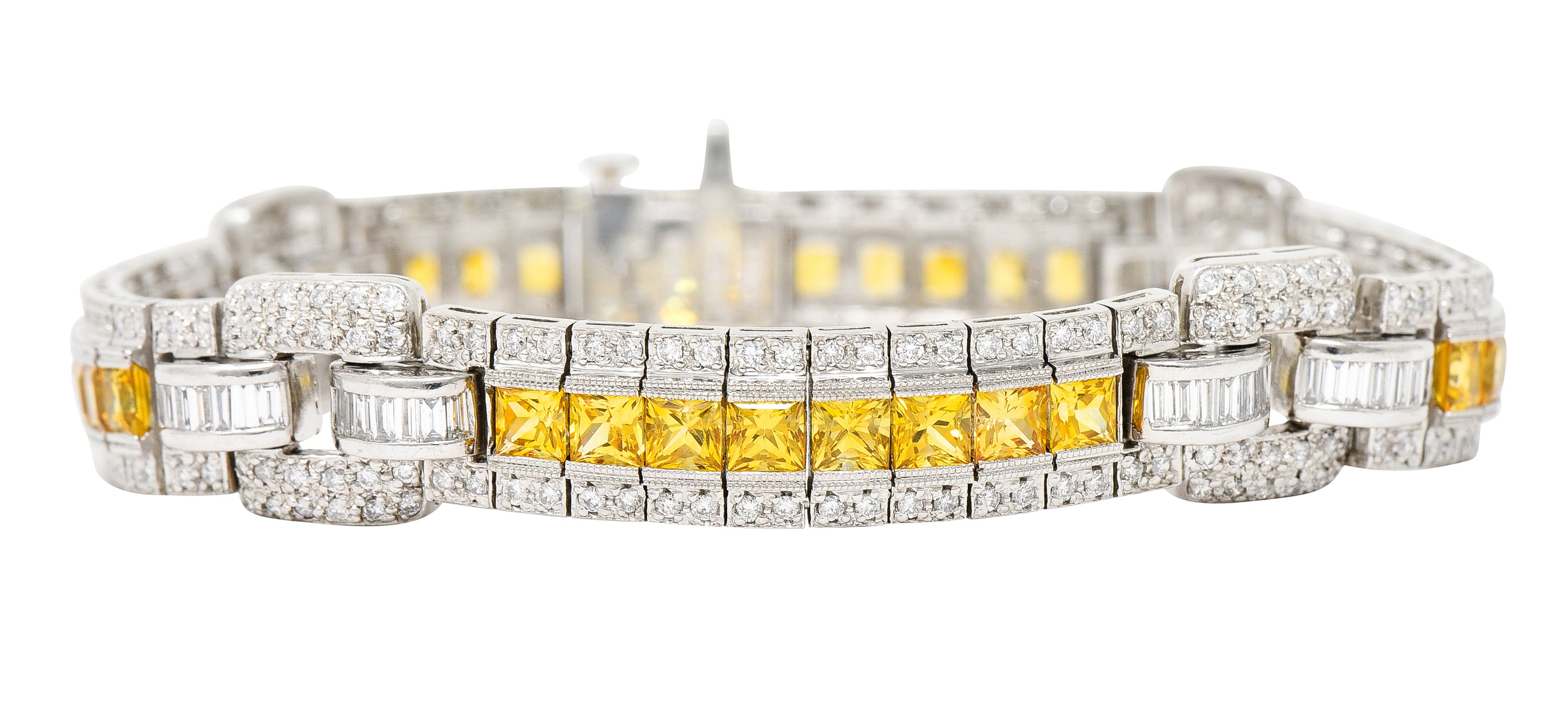 Contemporary 12.79 CTW Yellow Sapphire Diamond Platinum Buckle Line Bracelet Wilson's Estate Jewelry