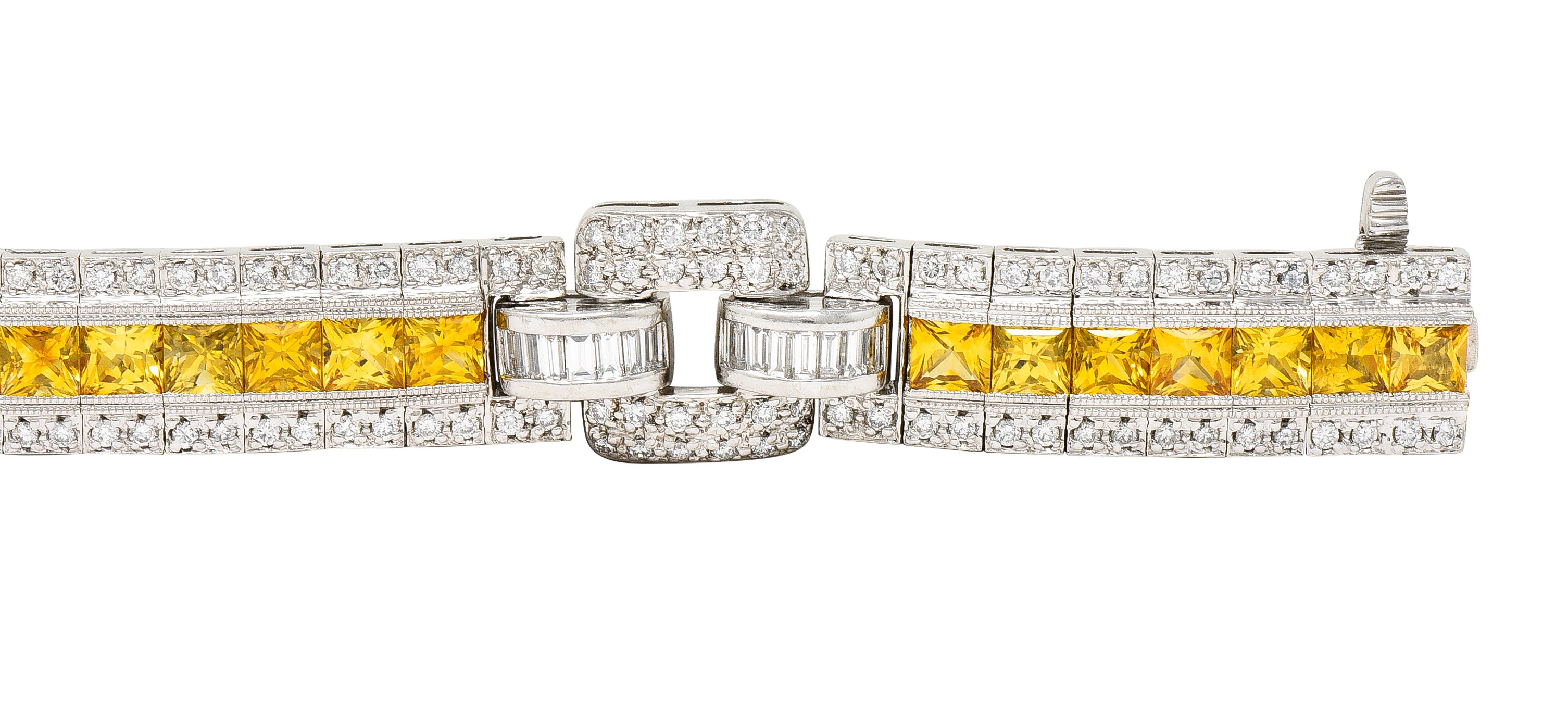 Contemporary 12.79 CTW Yellow Sapphire Diamond Platinum Buckle Line Bracelet Wilson's Estate Jewelry