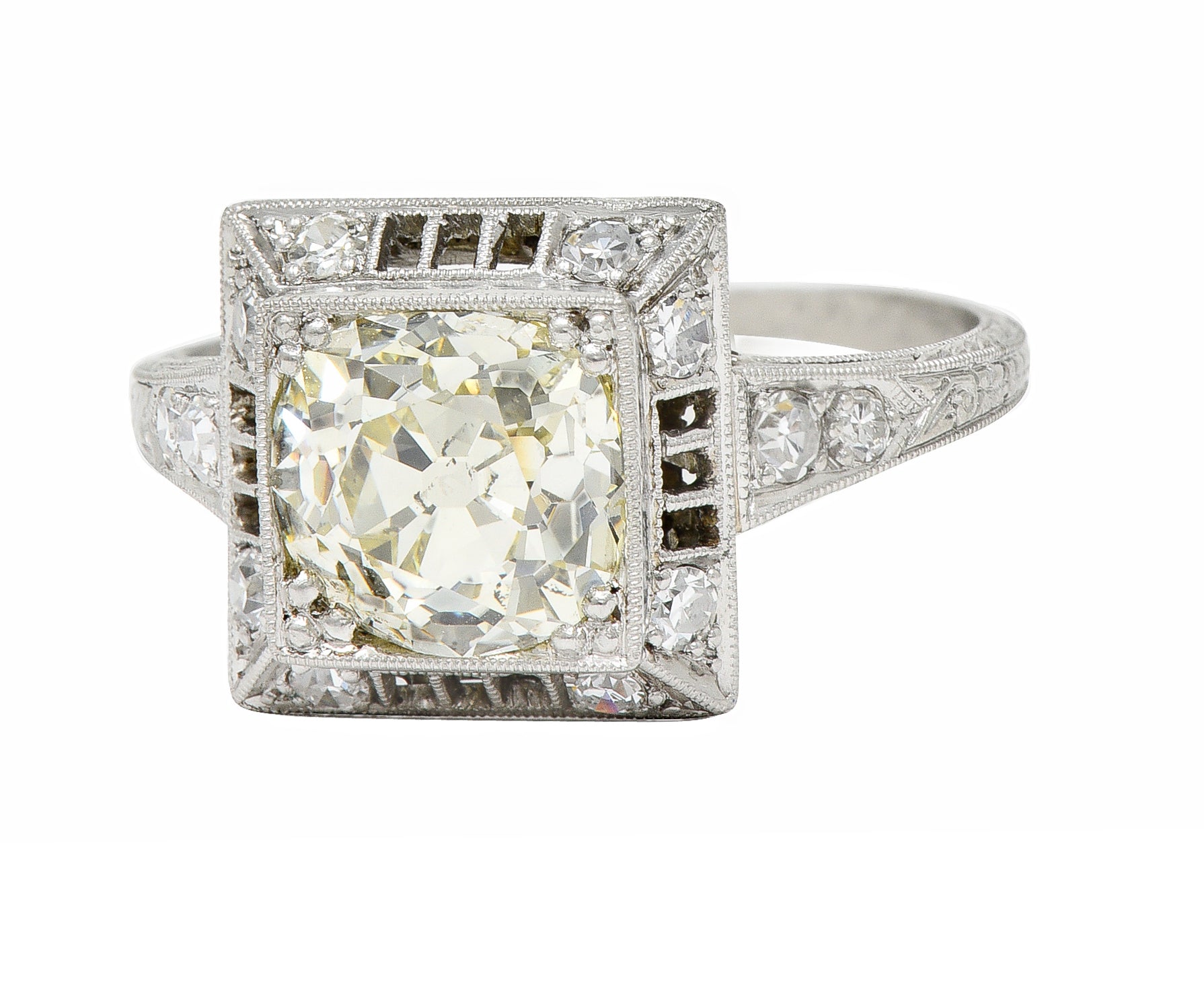 1928 Art Deco 2.37 CTW Light Yellow Diamond Platinum Vintage Pyramid Ring