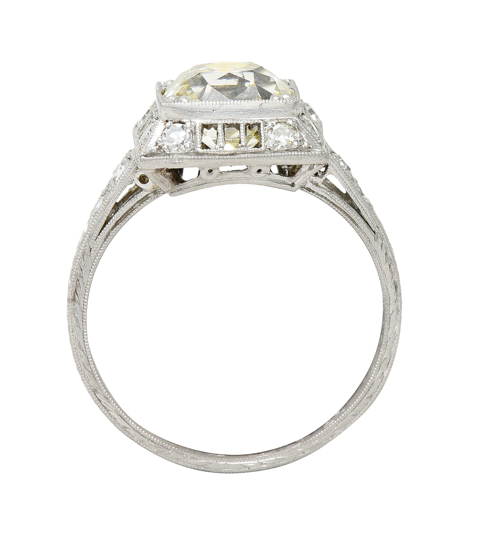 1928 Art Deco 2.37 CTW Light Yellow Diamond Platinum Vintage Pyramid Ring