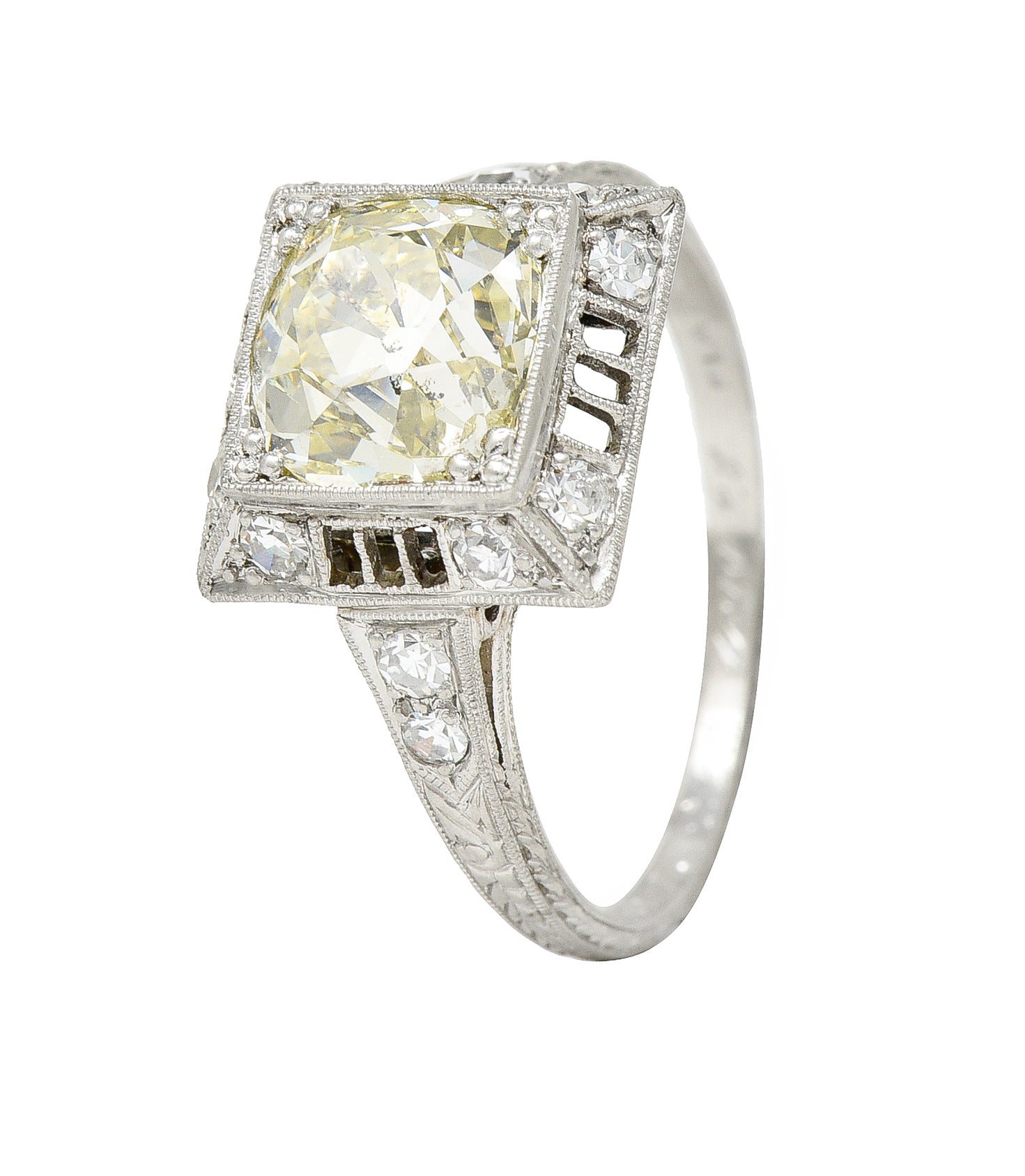 1928 Art Deco 2.37 CTW Light Yellow Diamond Platinum Vintage Pyramid Ring