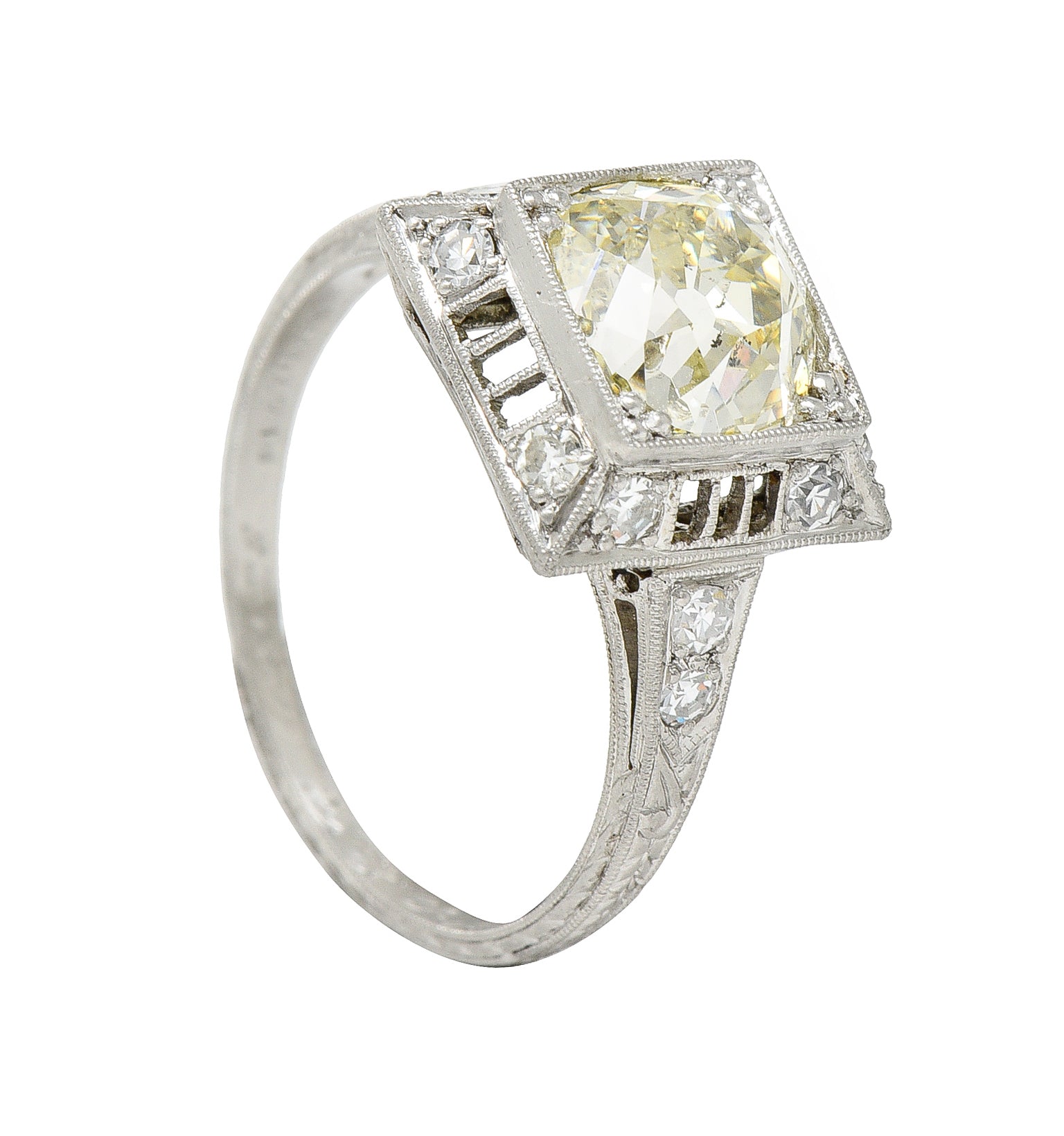 1928 Art Deco 2.37 CTW Light Yellow Diamond Platinum Vintage Pyramid Ring