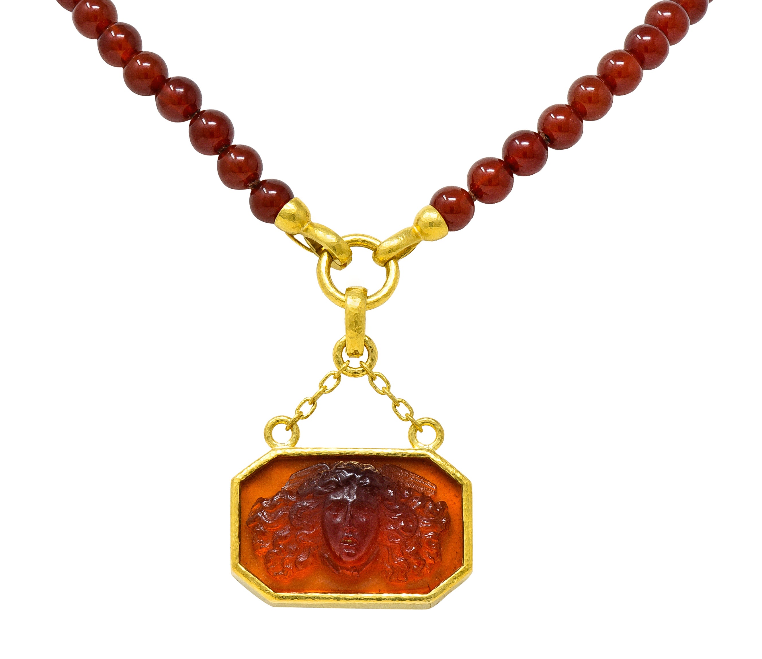 Elizabeth Locke Carnelian Venetian Glass Mother-Of-Pearl 19 Karat Gold Medusa Enhancer Pendant NecklaceNecklace - Wilson's Estate Jewelry