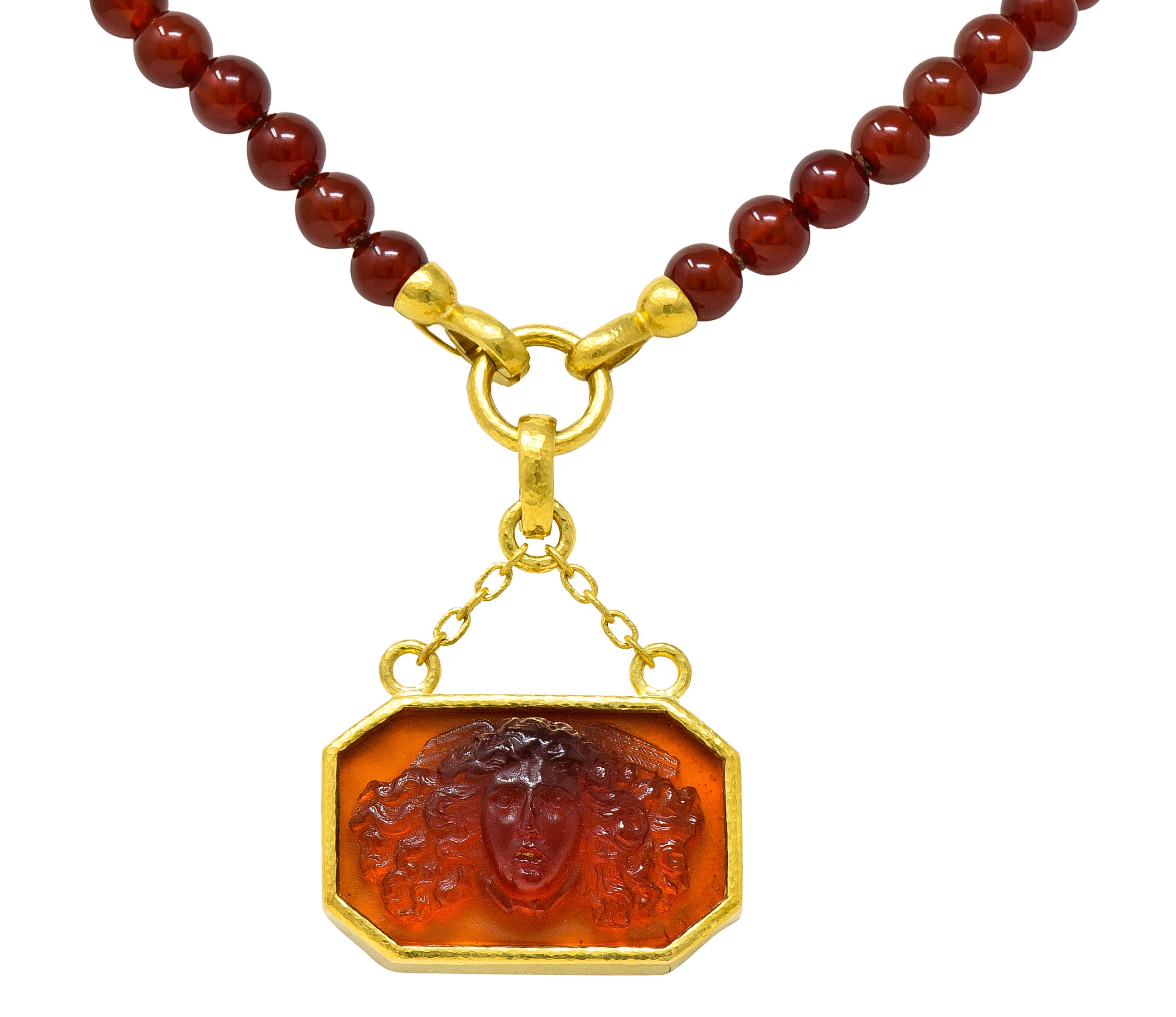 Elizabeth Locke Carnelian Venetian Glass Mother-Of-Pearl 19 Karat Gold Medusa Enhancer Pendant NecklaceNecklace - Wilson's Estate Jewelry