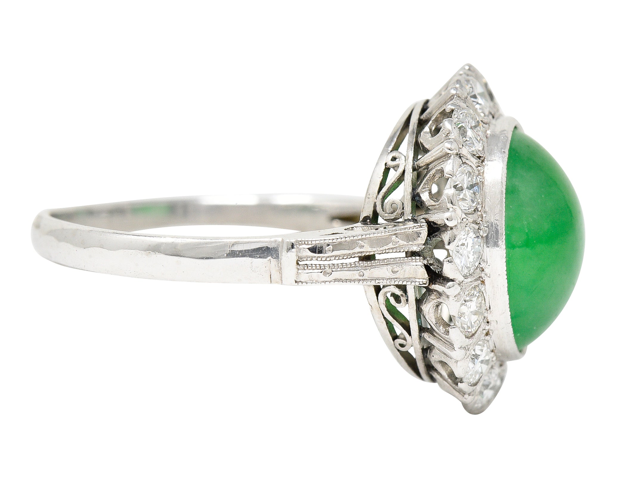 Art Deco Diamond Natural Jade Cabochon Platinum Scrolling Vintage Halo Ring GIA Wilson's Estate Jewelry