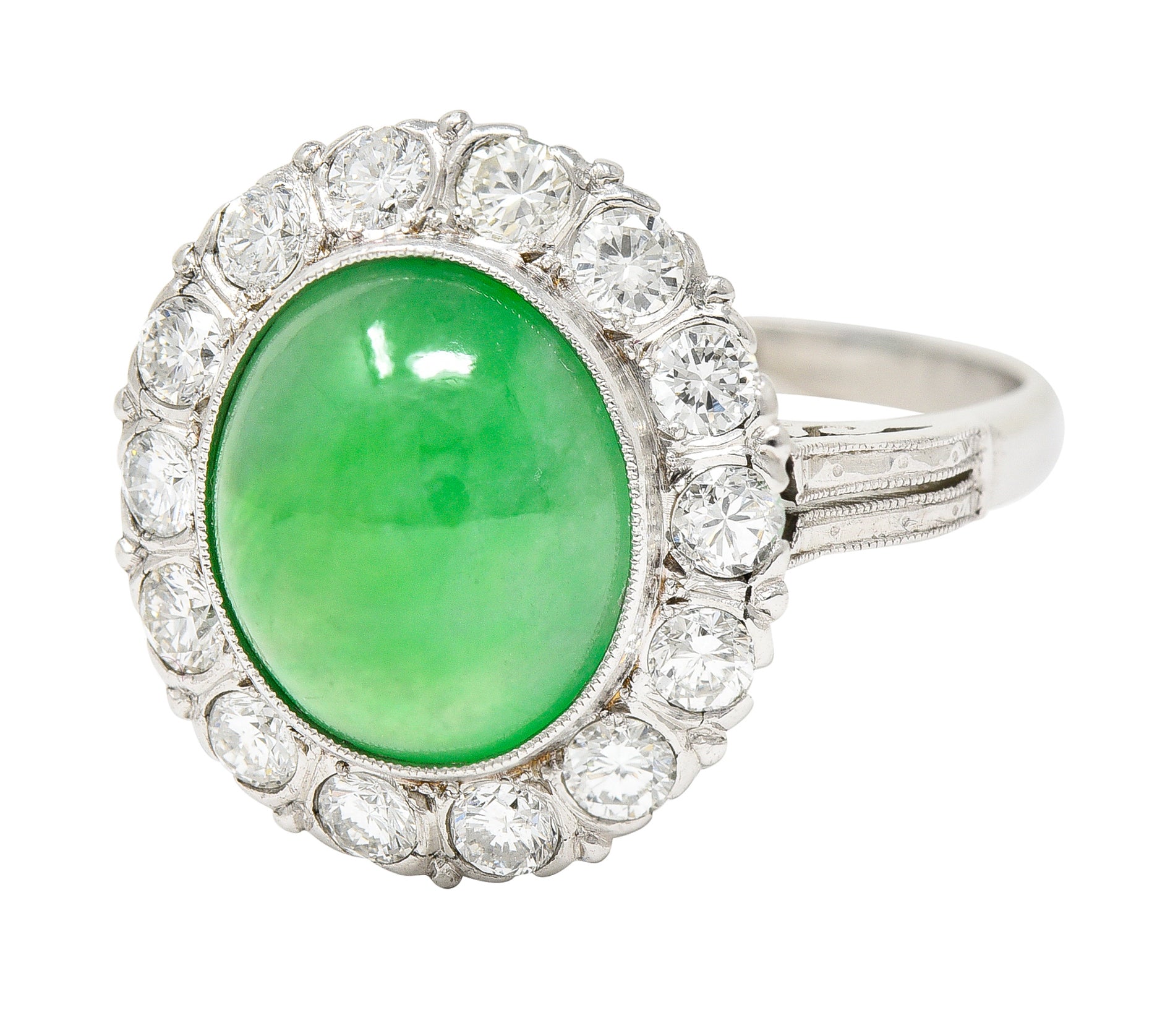 Art Deco Diamond Natural Jade Cabochon Platinum Scrolling Vintage Halo Ring GIA Wilson's Estate Jewelry